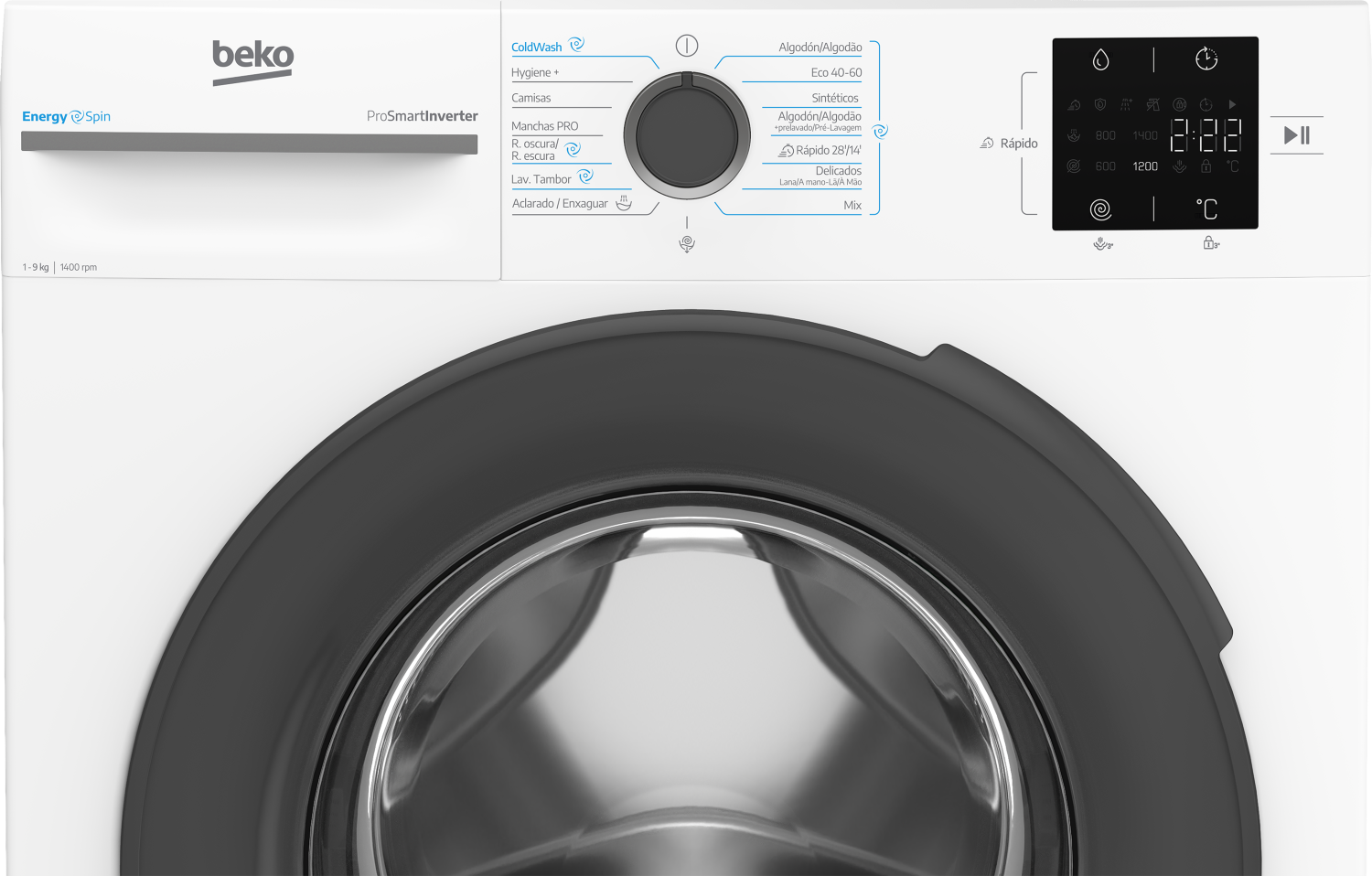 Lavadora Beko blanca con mando giratorio y pantalla digital sobre la puerta del ojo de buey.