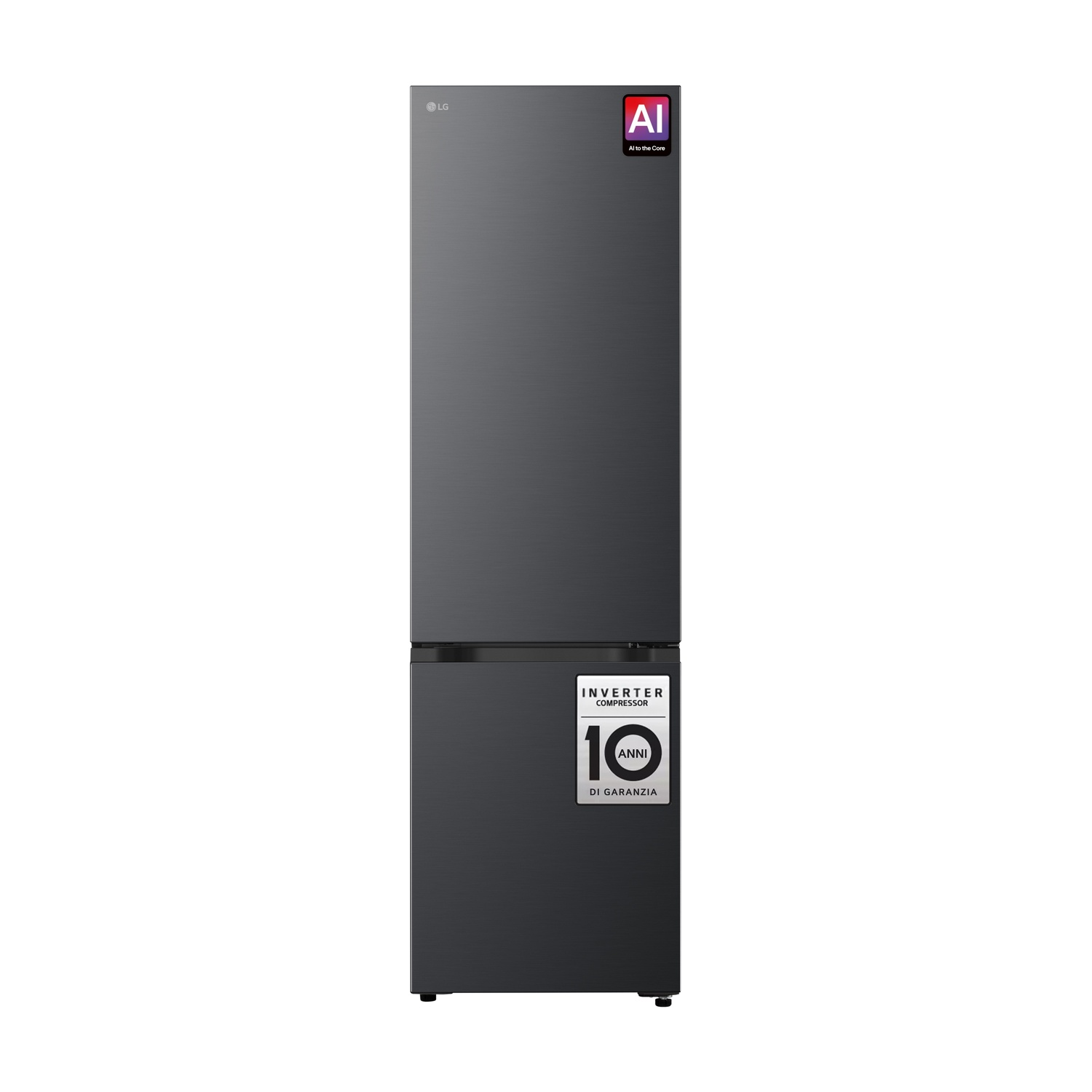 Un frigorifero LG grigio con adesivi AI e compressore inverter su sfondo bianco.