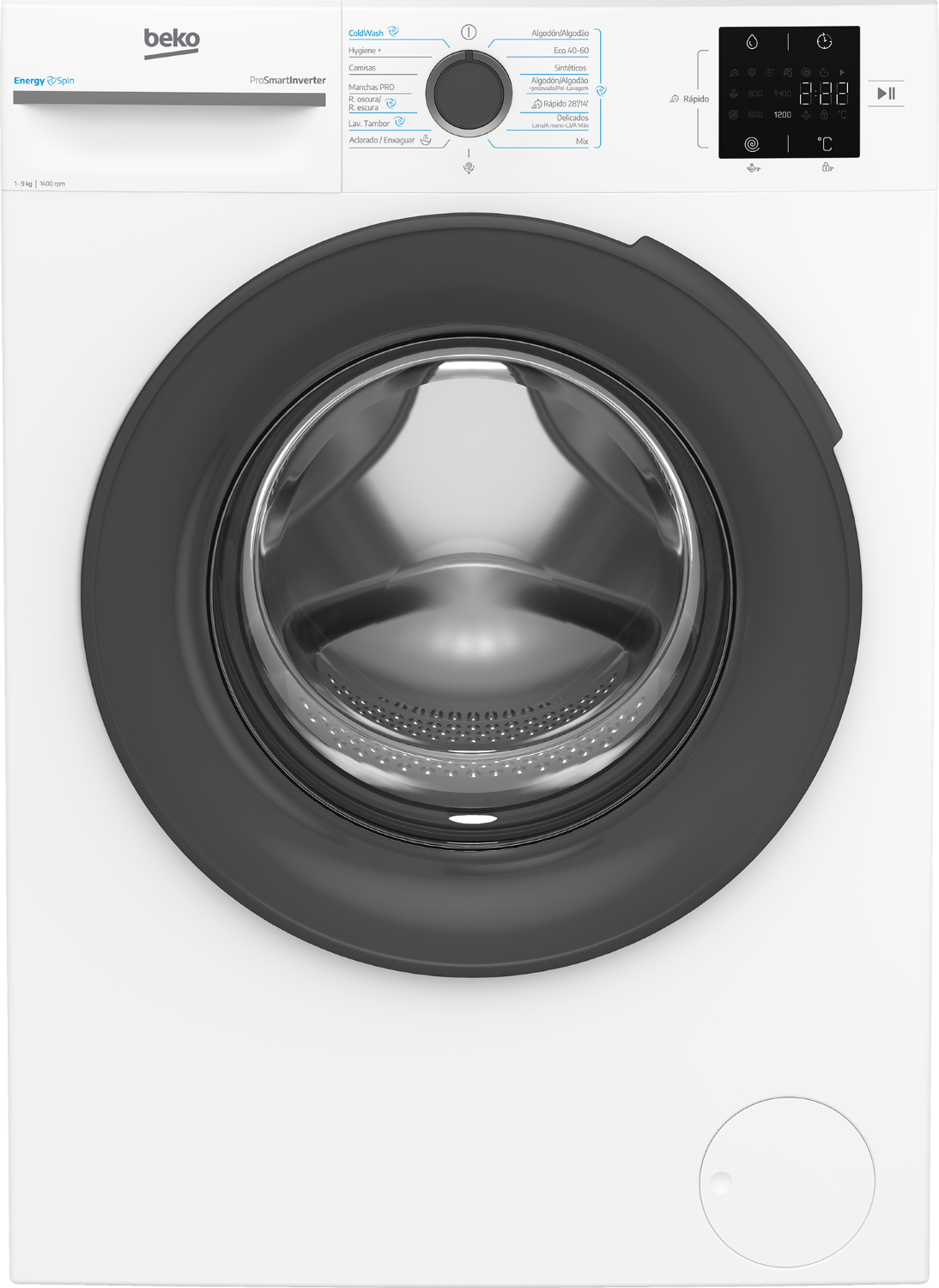 Una lavadora blanca Beko ProSmartInverter con escotilla negra y panel de control digital.