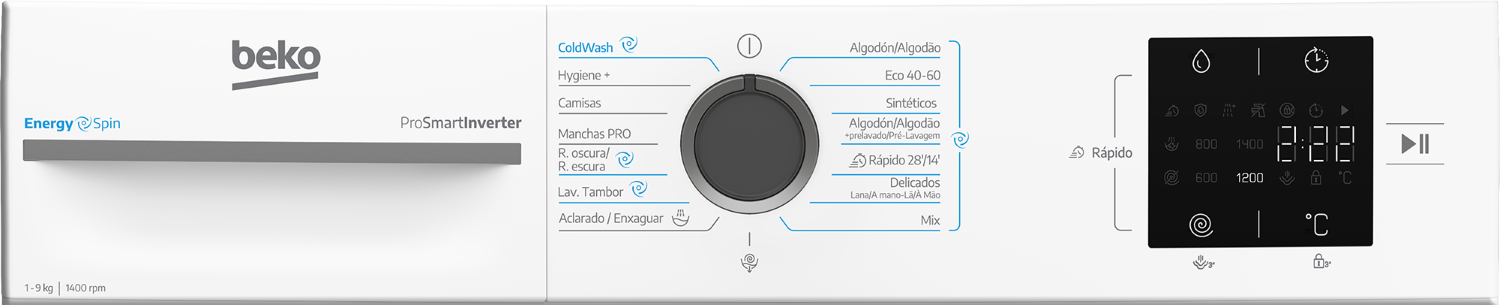 Panel de control de una lavadora blanca Beko con selector giratorio, pantalla digital y varios programas.