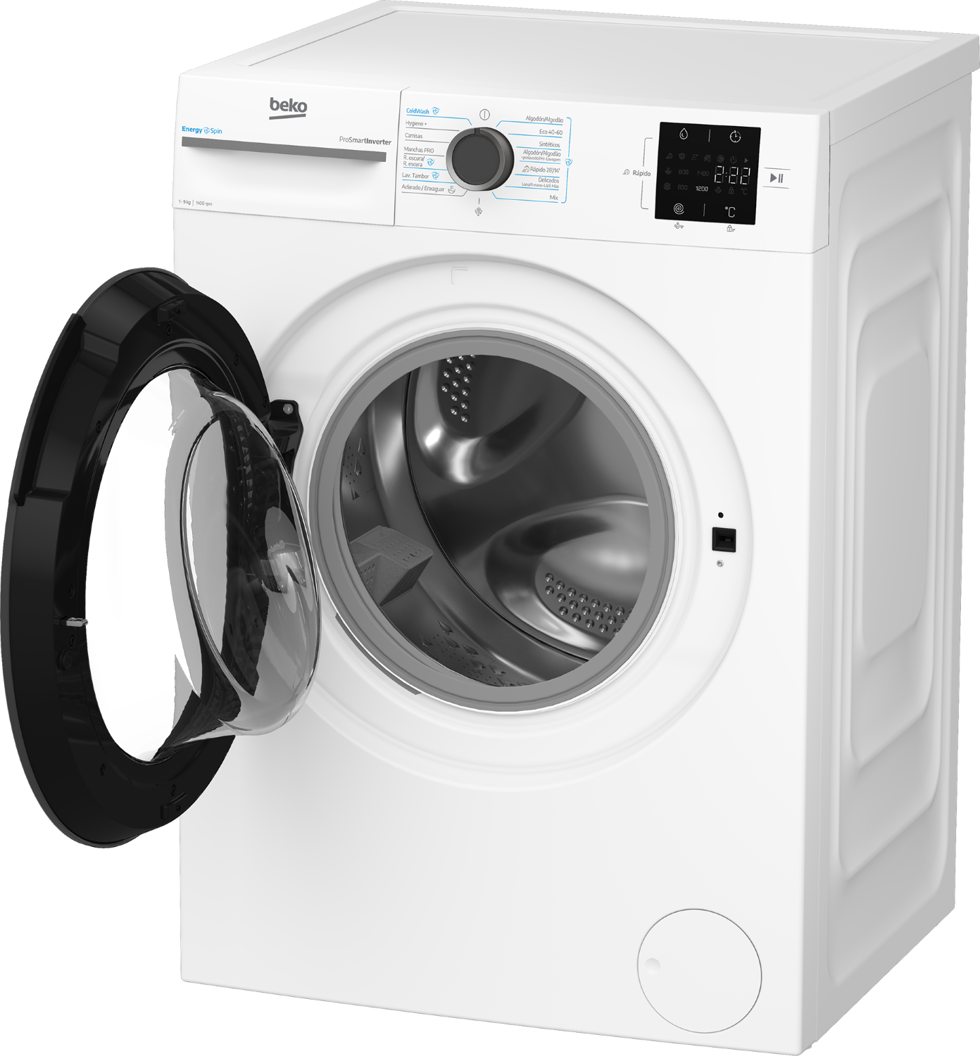 Una lavadora blanca Beko con puerta de cristal abierta y pantalla digital.