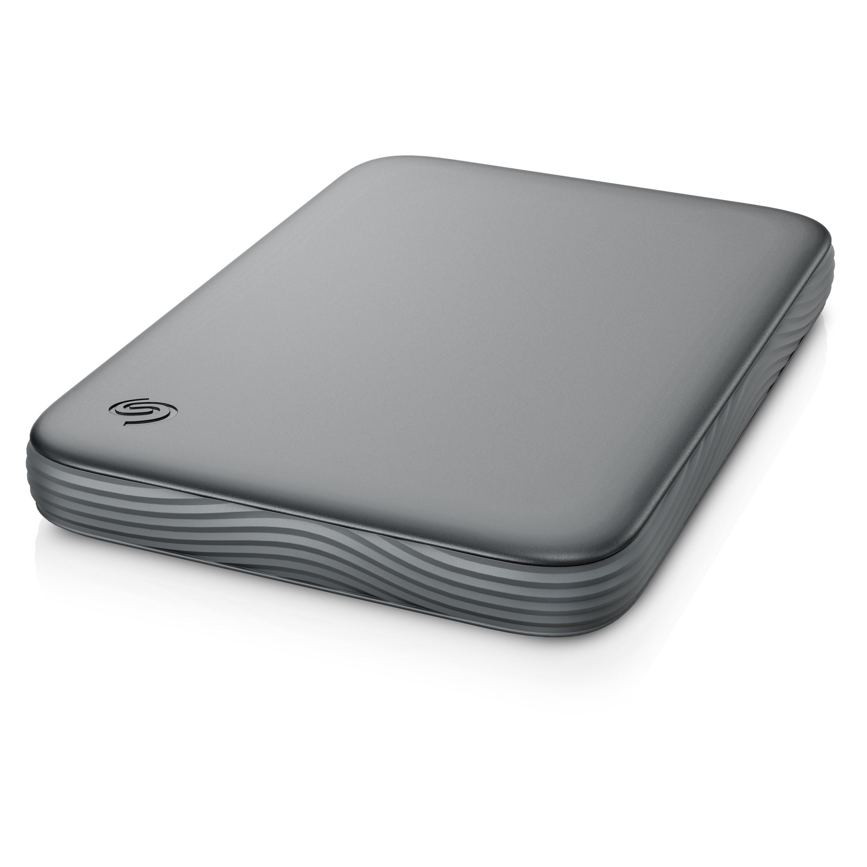 Eine graue, rechteckige Seagate-Festplatte mit abgerundeten Ecken und Wellenmuster an den Seiten auf weißem Grund.