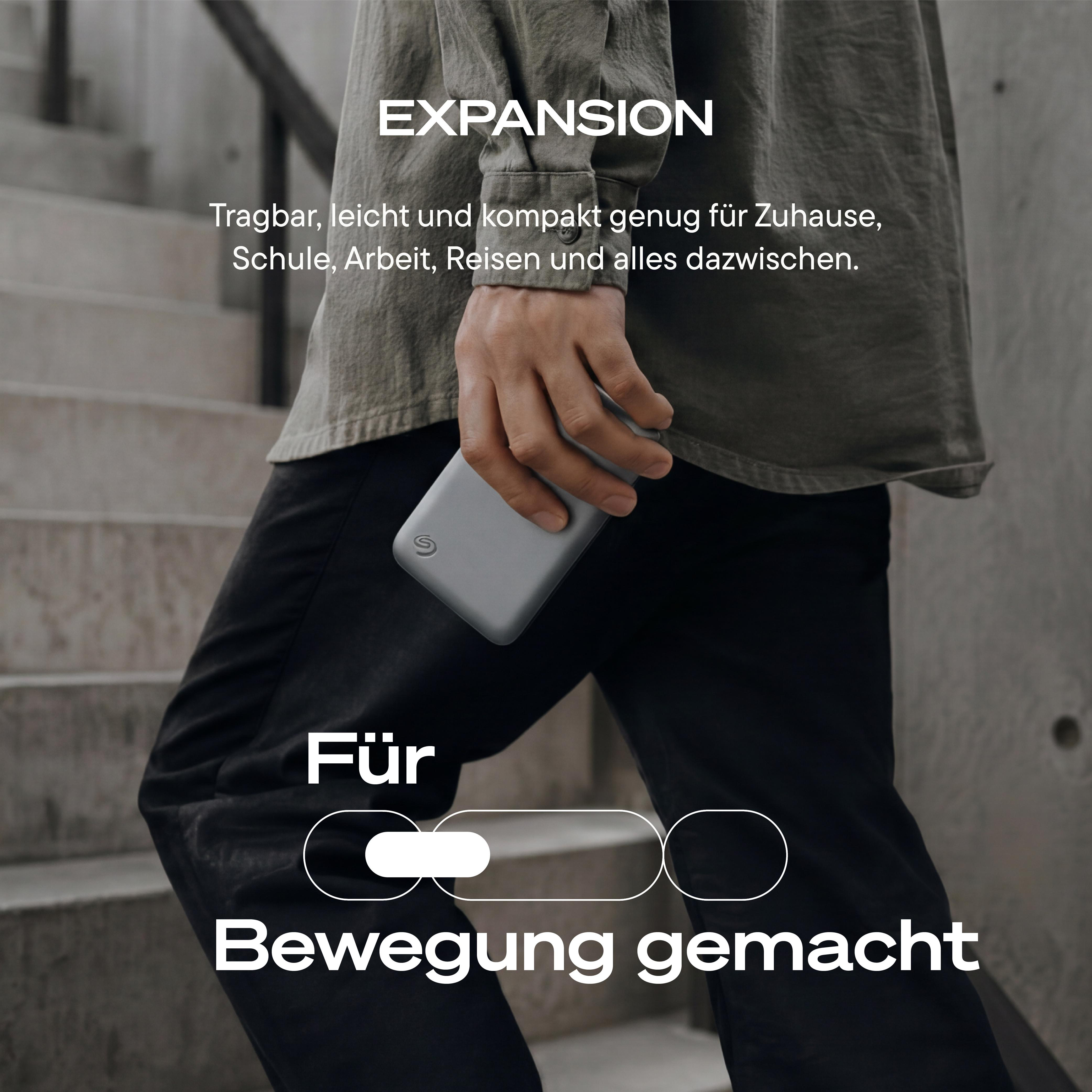 Eine Person hält eine kleine graue Festplatte vor Betontreppen, mit deutschem Werbetext.