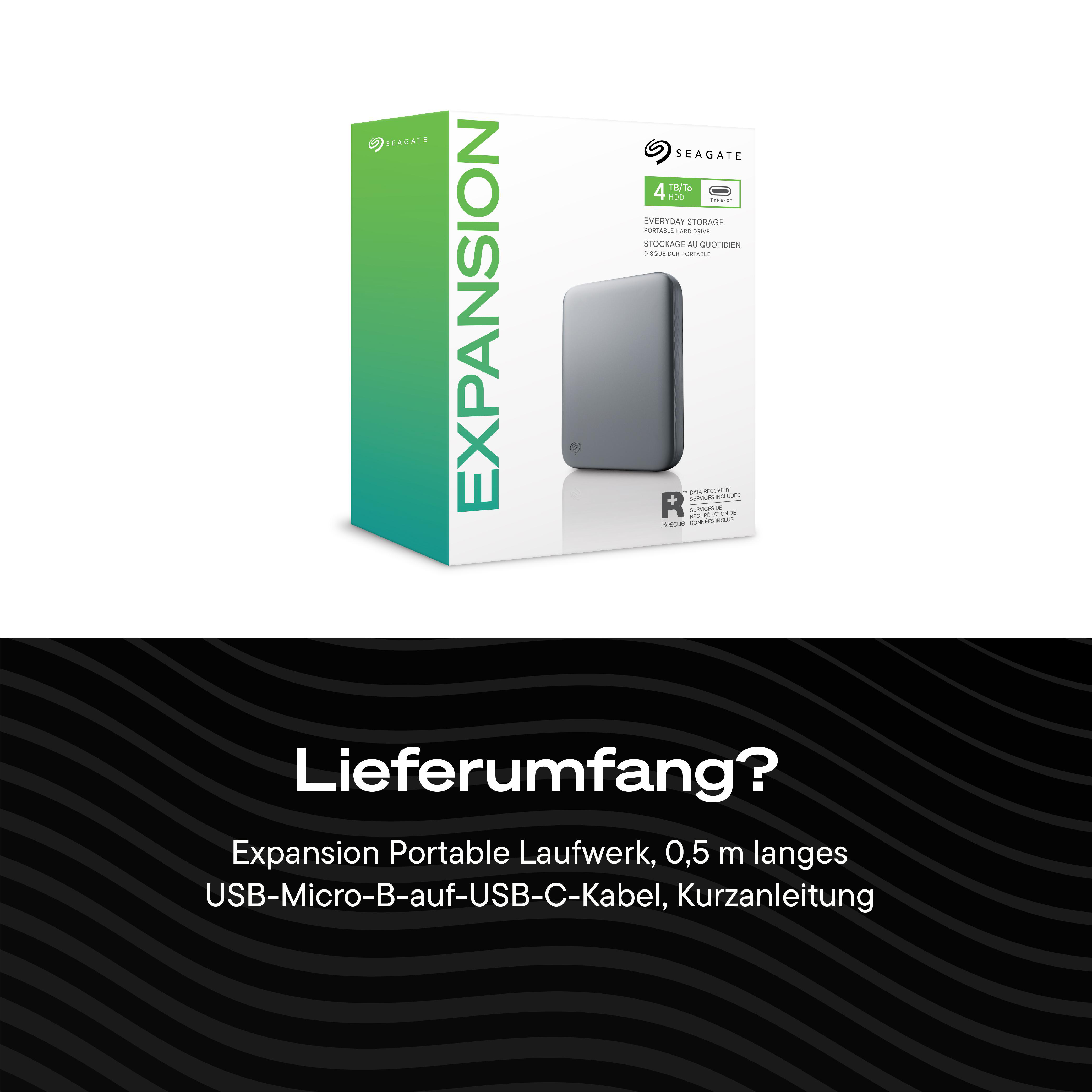 Verpackung der Seagate Expansion 4TB tragbaren Festplatte und Auflistung des Lieferumfangs auf schwarzem Hintergrund.