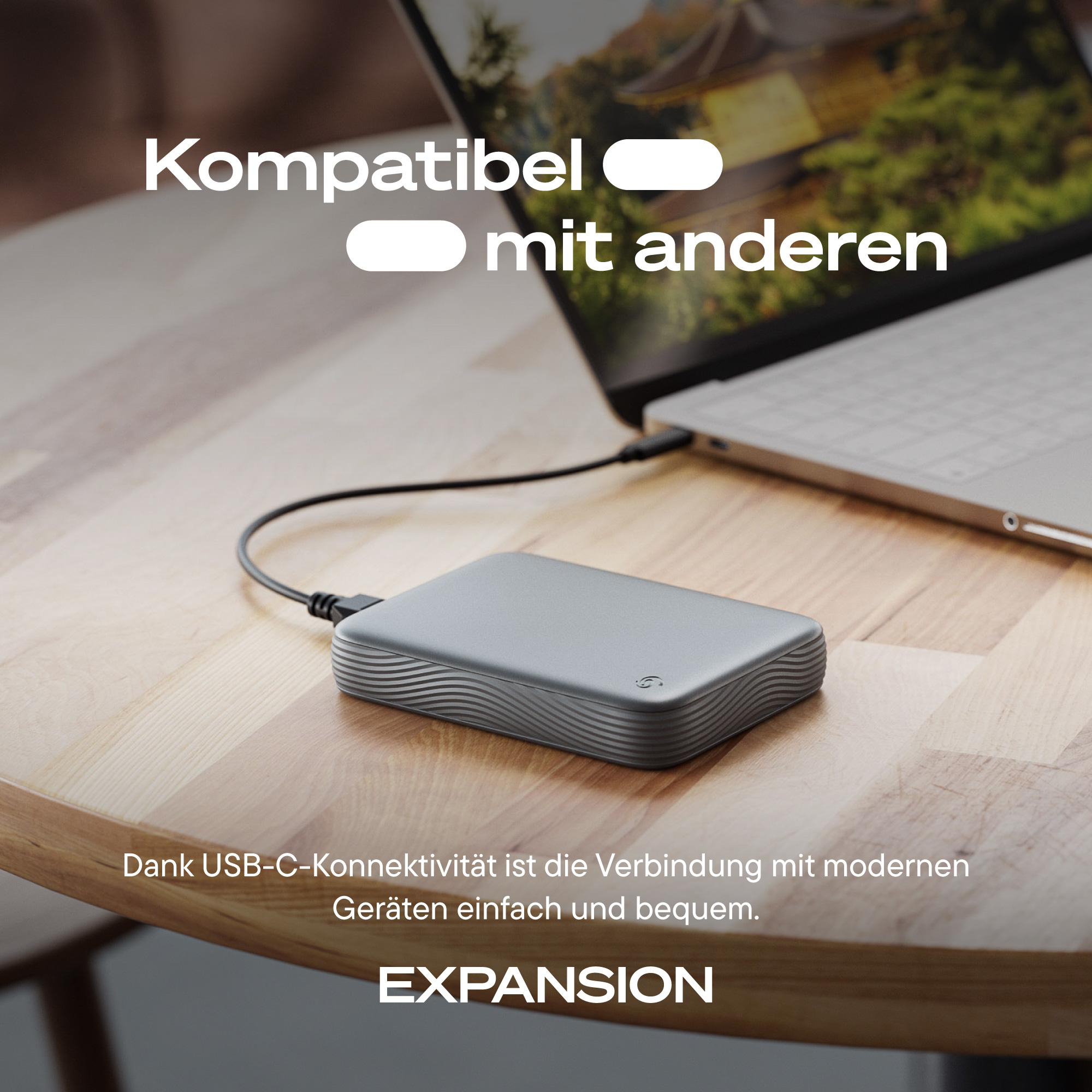 Eine graue externe Festplatte mit USB-C-Kabel ist auf einem Holztisch neben einem Laptop angeschlossen.