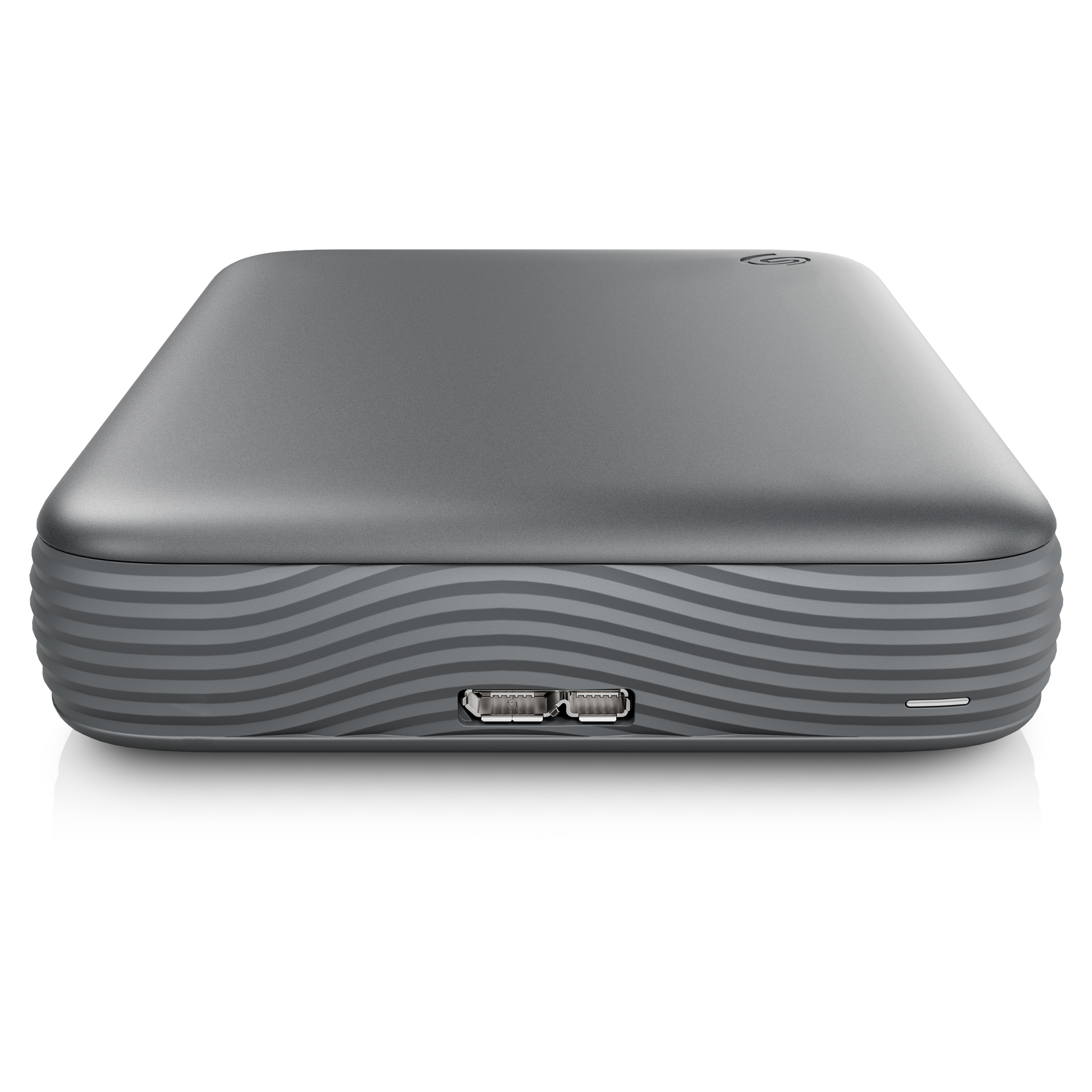 Eine dunkelgraue externe Festplatte mit wellenförmigem Rippendesign und zwei USB-Anschlüssen vorne.