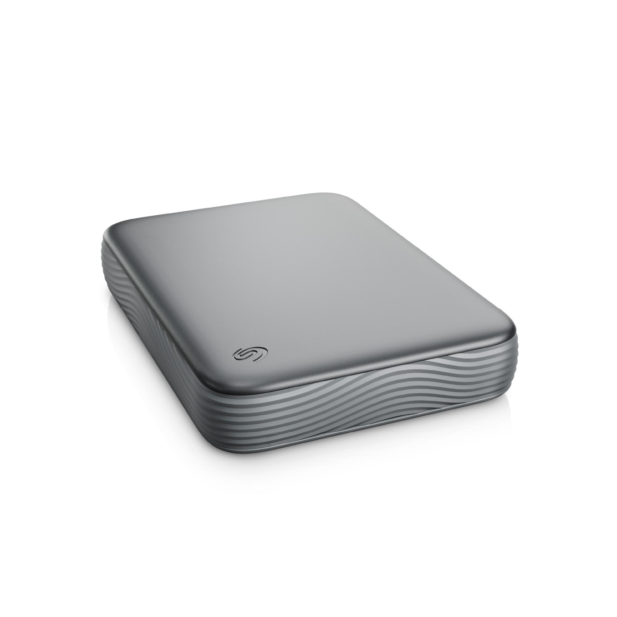 Eine graue externe Festplatte mit wellenförmigen Rändern und dem Seagate-Logo.