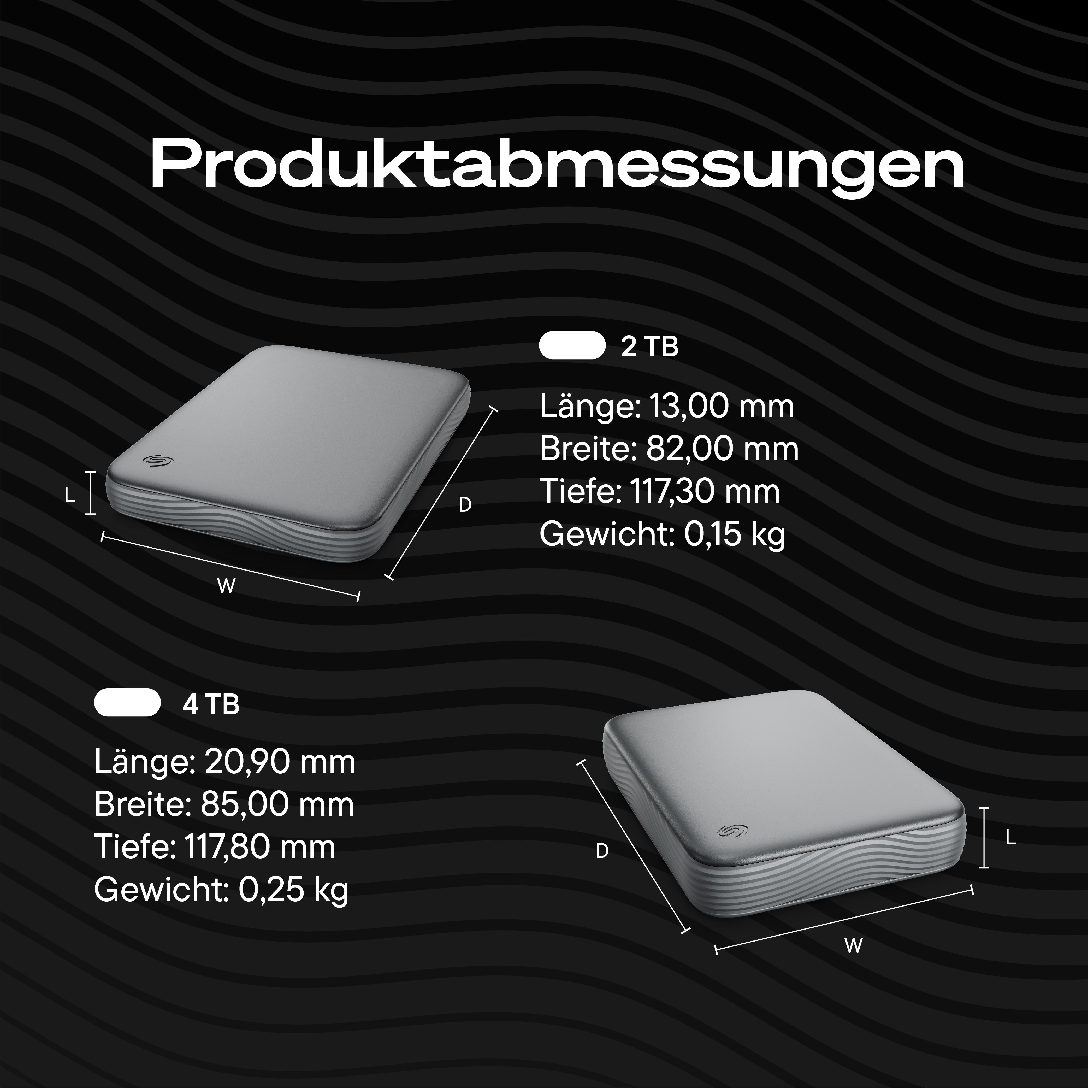Produktabmessungen für 2 TB und 4 TB Festplatten mit Maßen und Gewicht auf schwarzem Hintergrund.