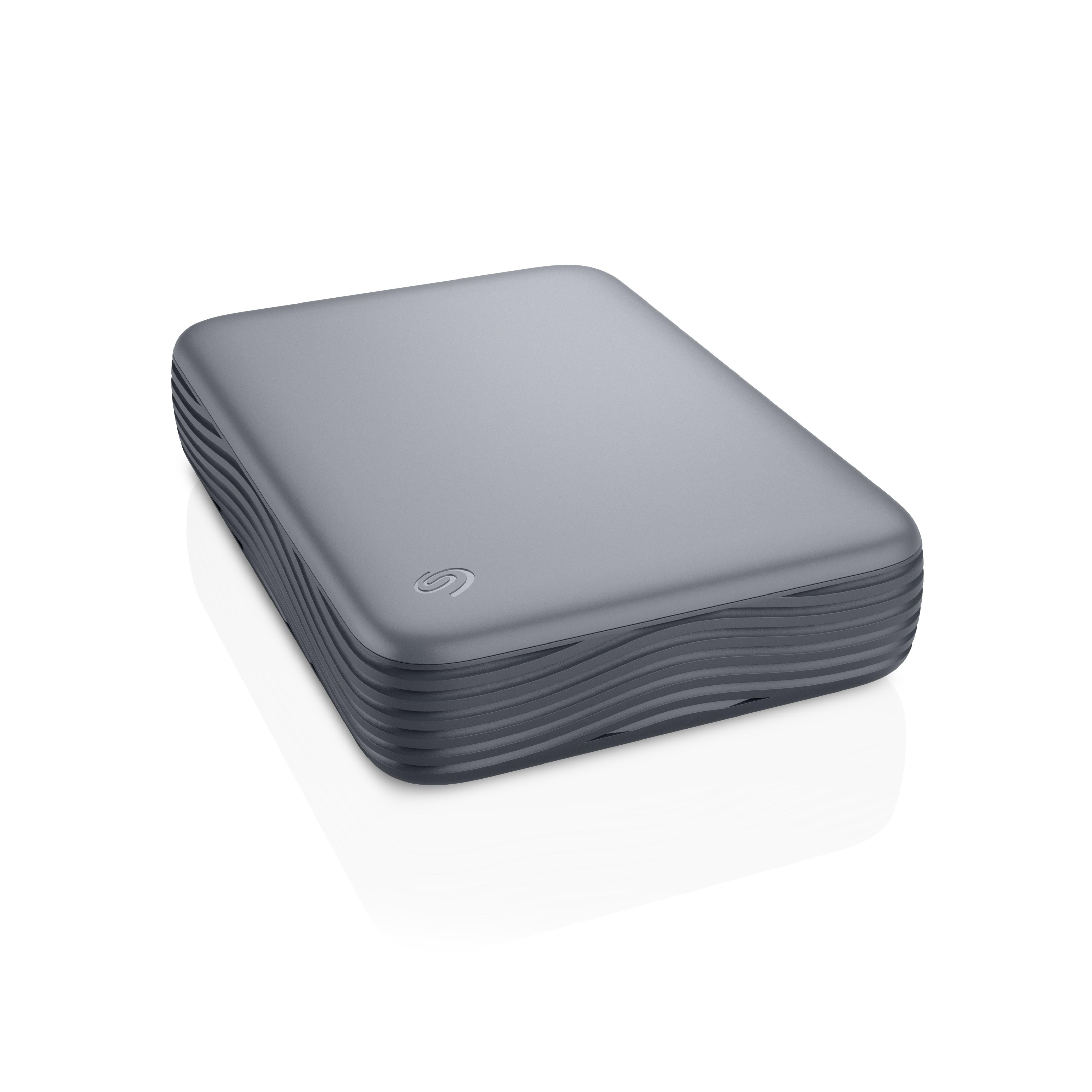 Eine graue tragbare Festplatte mit Wellenmuster und Seagate-Logo auf weißem Grund.