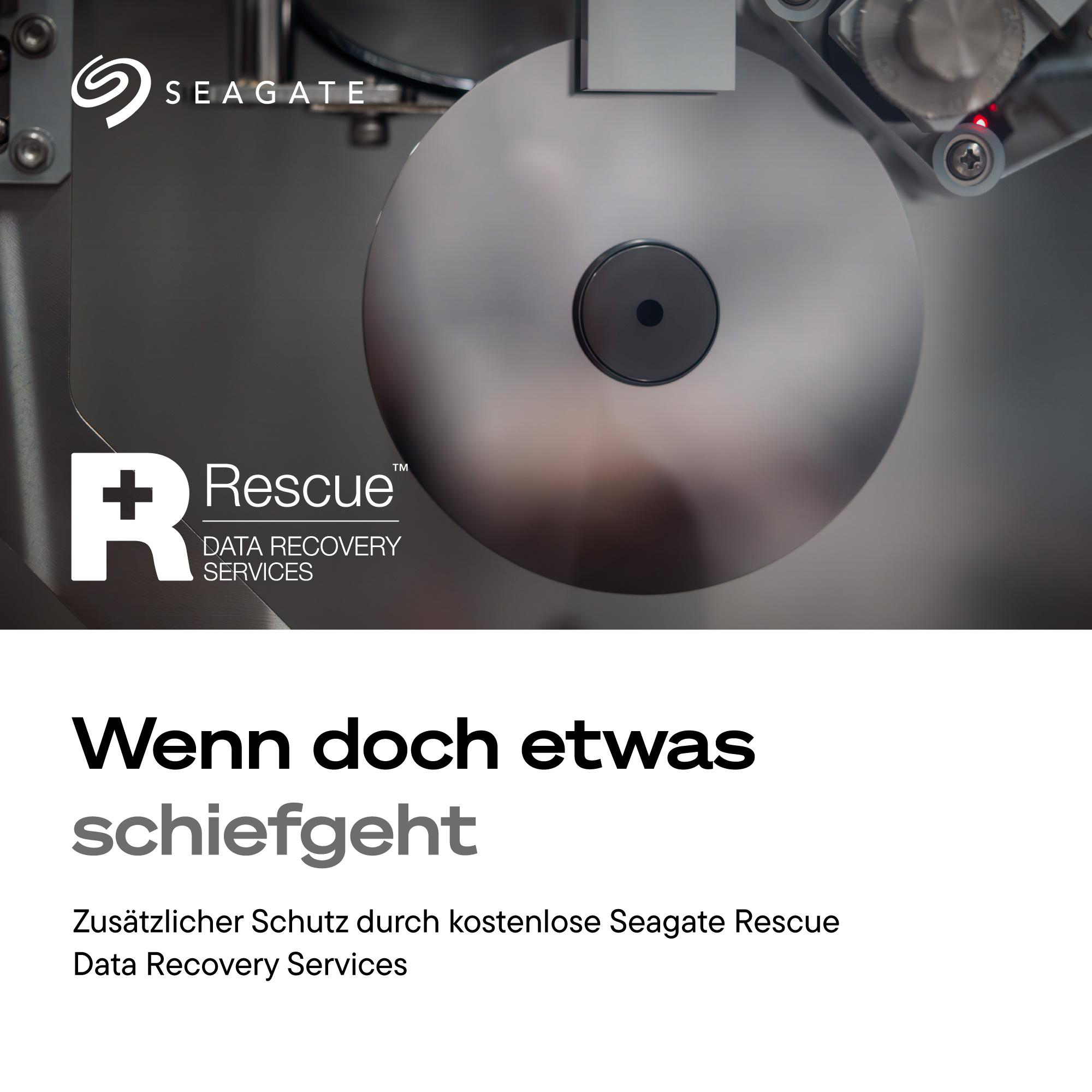 Seagate Rescue Data Recovery Services Werbung mit Festplattenplatter im Hintergrund und Text.