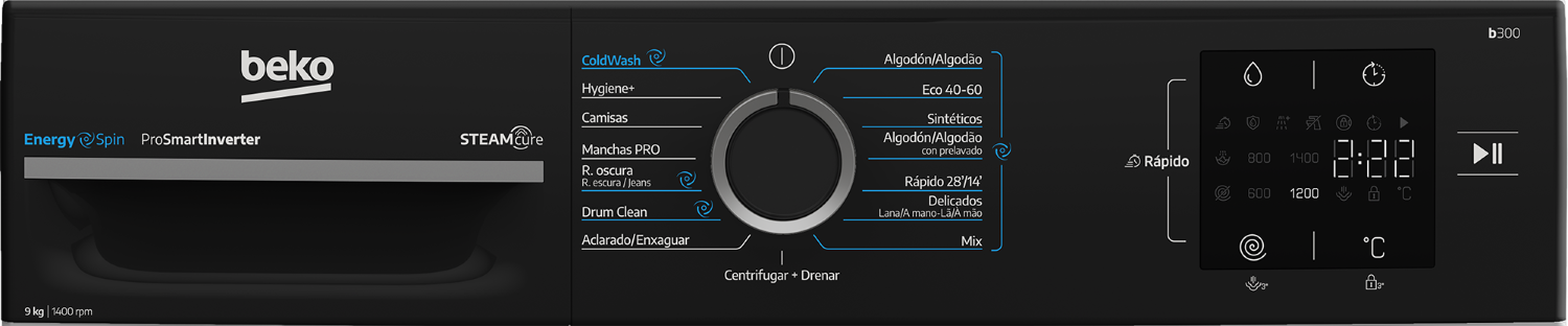 Panel de control de lavadora Beko negra con mando giratorio y pantalla digital.
