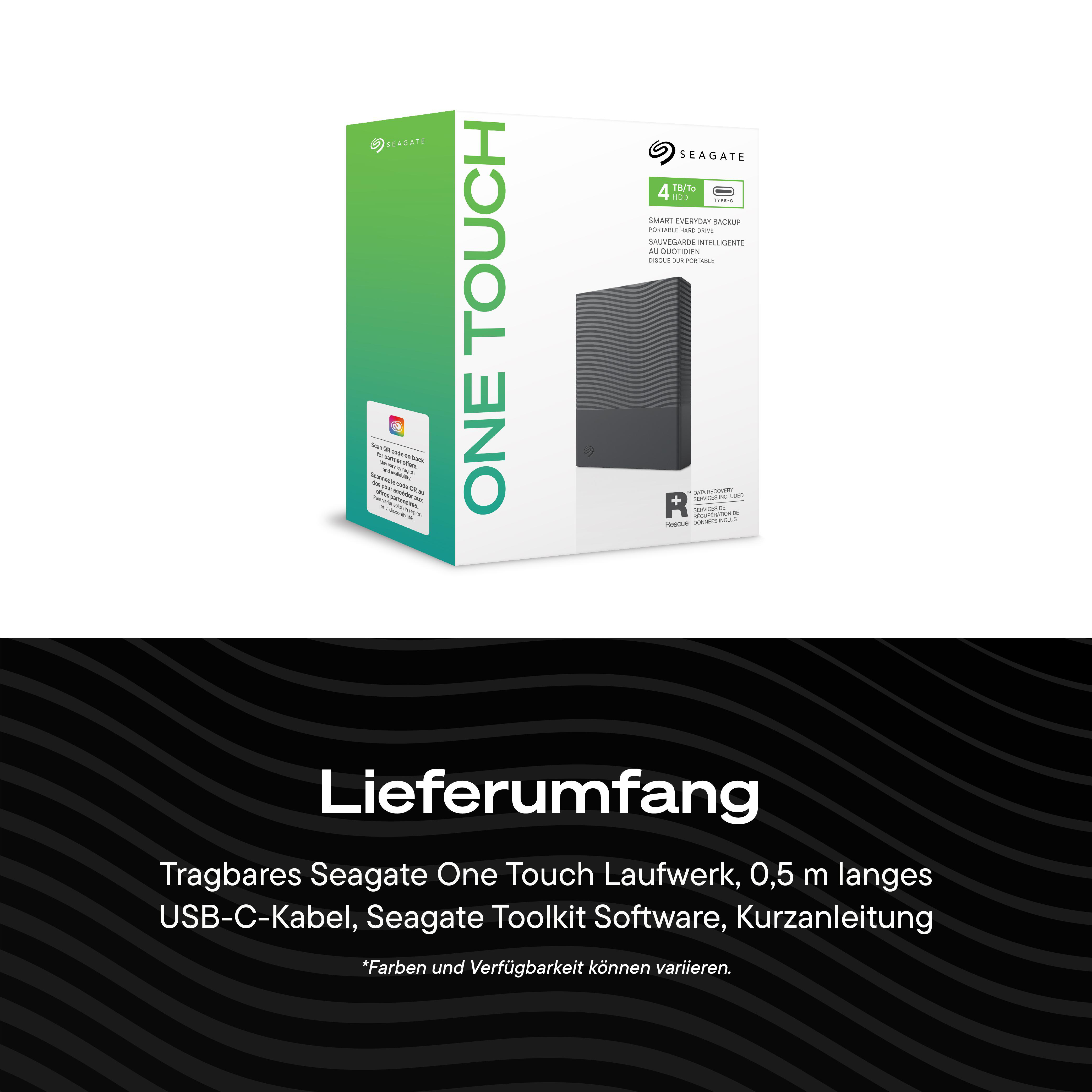 Verpackung der tragbaren Festplatte Seagate One Touch mit Lieferumfang auf schwarzem Hintergrund.