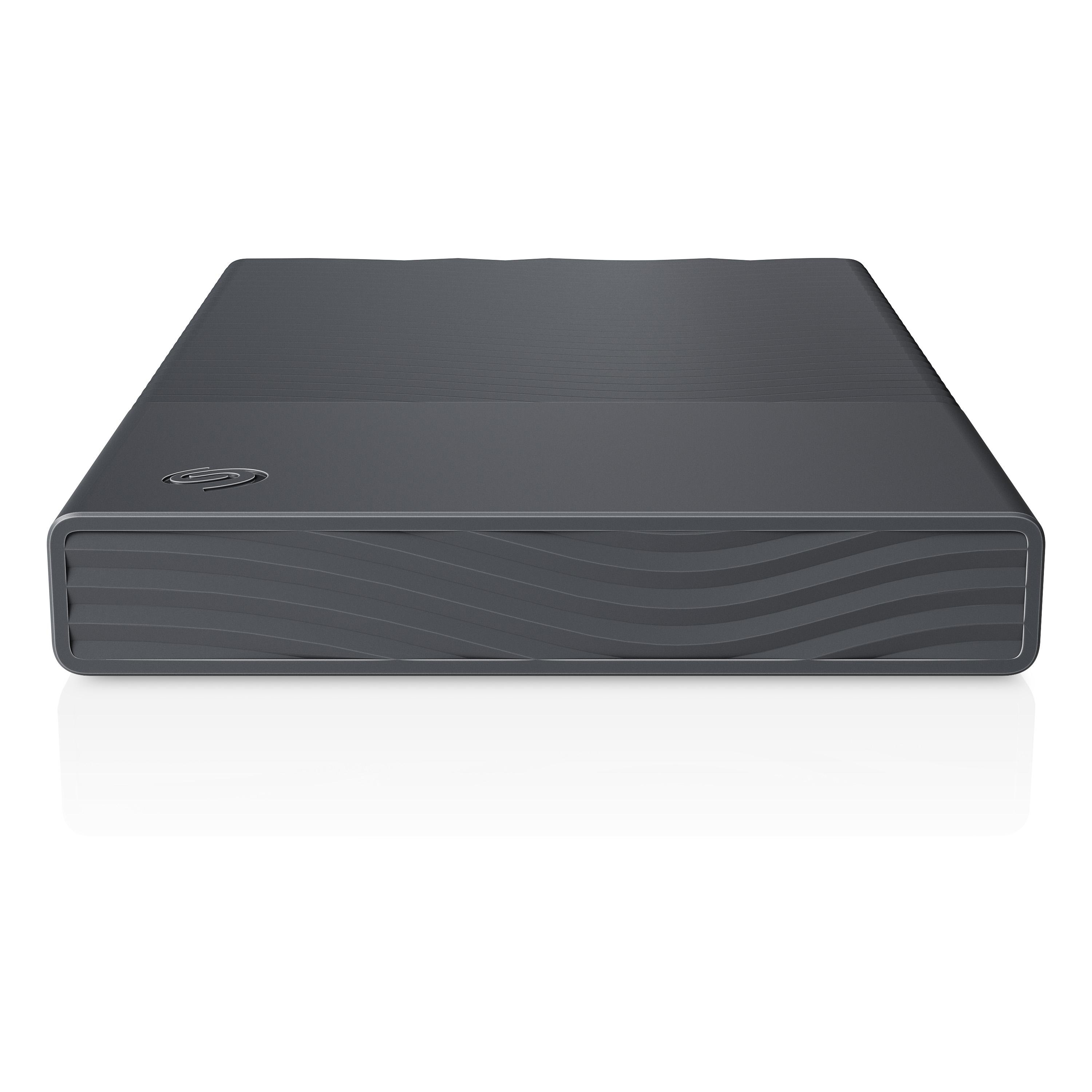 Eine schwarze externe Seagate-Festplatte mit wellenförmiger Vorderseite steht auf einer weißen Fläche mit Reflexion.