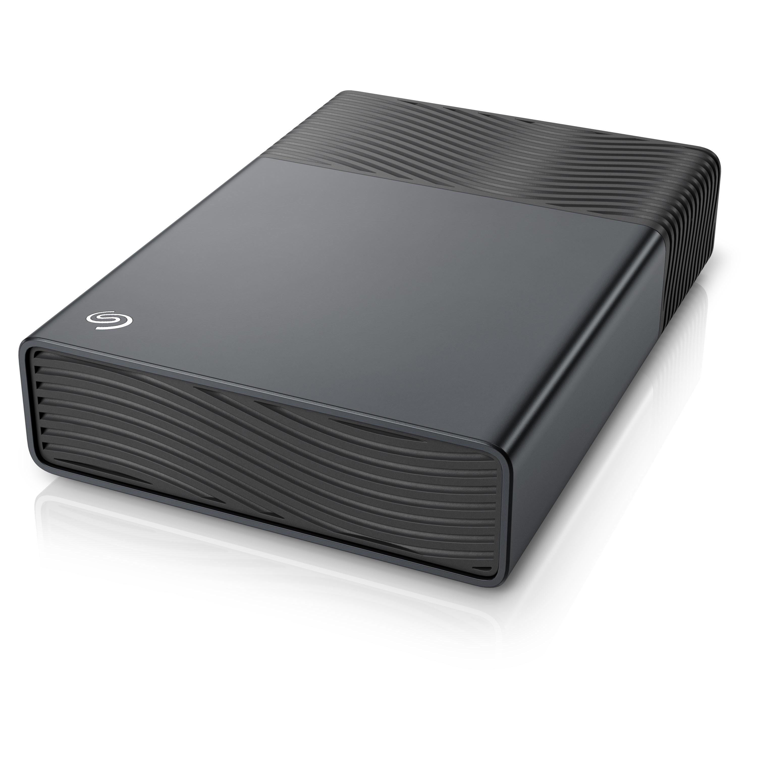 Eine schwarze externe Seagate-Festplatte mit wellenförmigem Strukturmuster auf weißer Oberfläche.