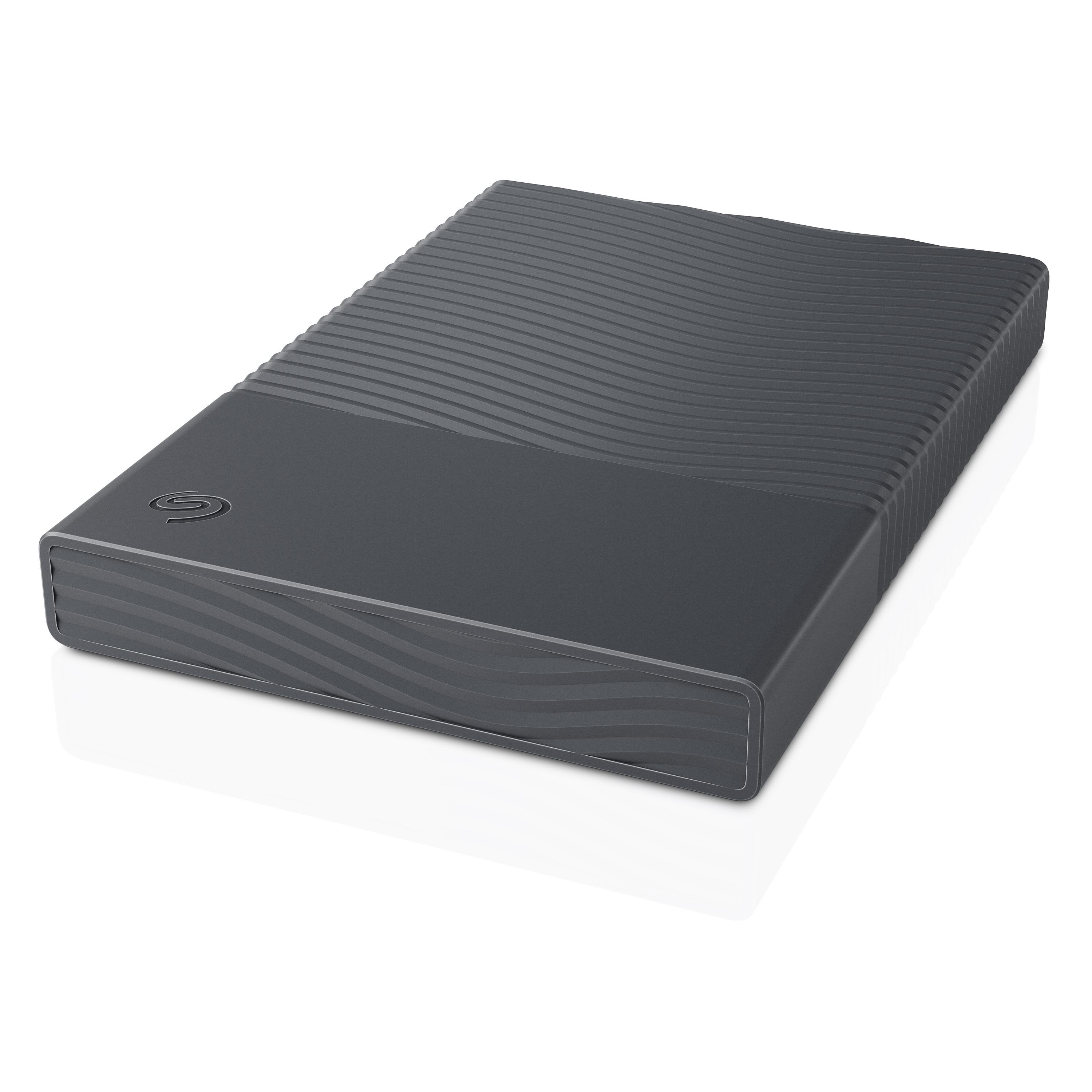 Eine graue Seagate-Extrafestplatte mit wellenförmiger Textur und Logo liegt auf einer weißen Oberfläche.