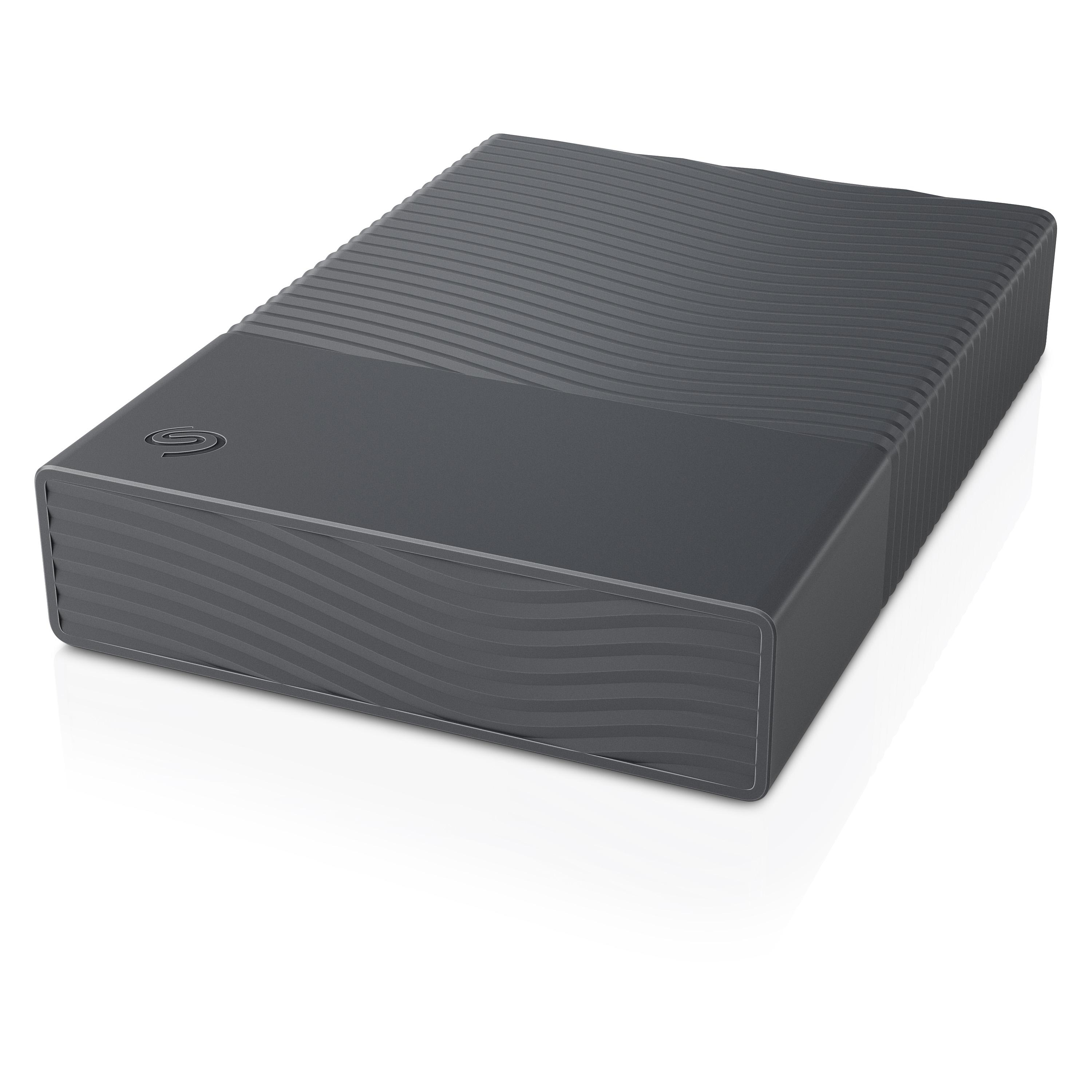 Graue externe Seagate Festplatte mit wellenförmiger Textur auf weißem Hintergrund.