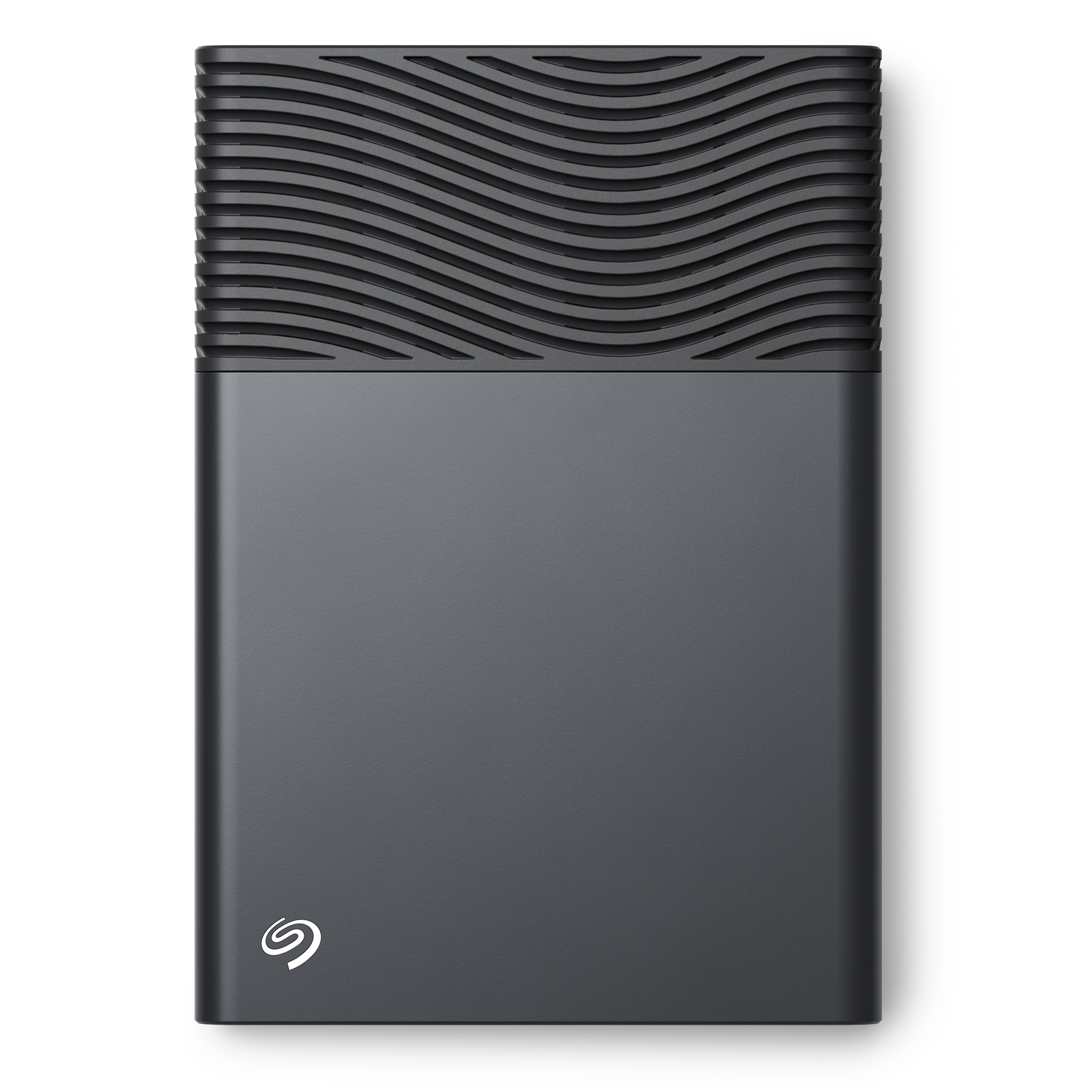 Schwarze externe Festplatte mit wellenförmiger Oberseite und Seagate-Logo unten links.