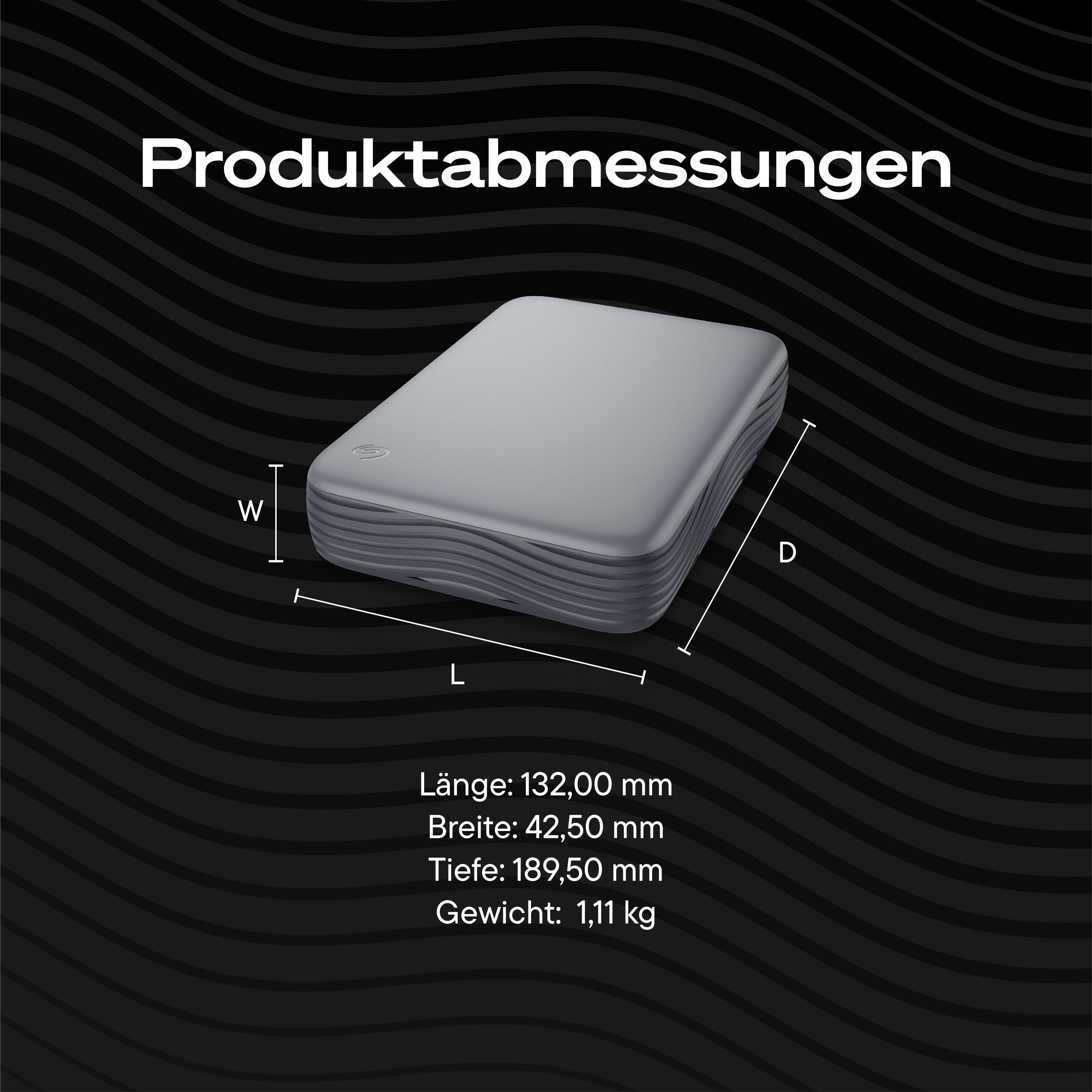 Produktabmessungen einer grauen externen Festplatte mit Längenangaben auf schwarzem Hintergrund.