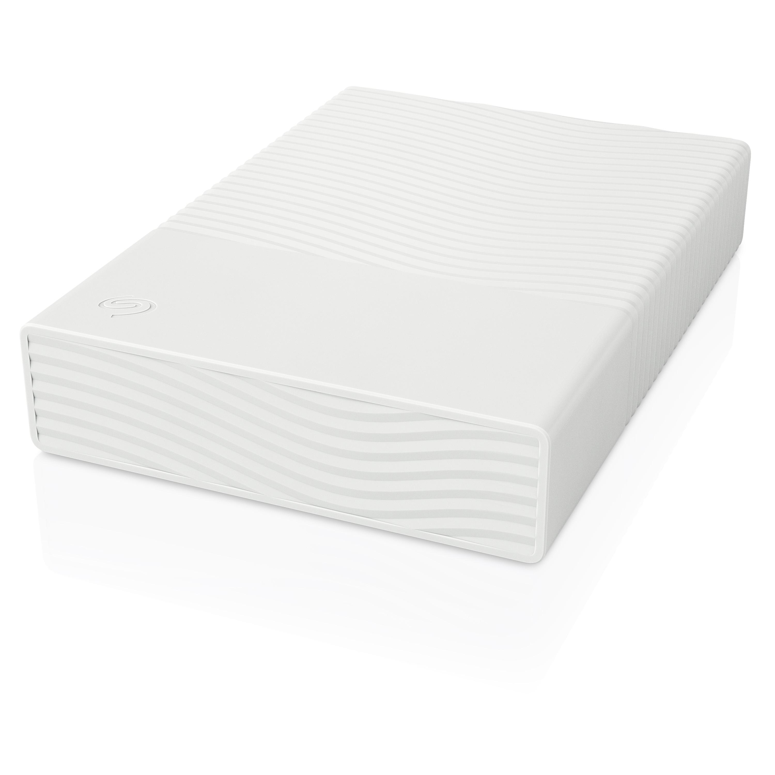 Ein weißes, tragbares Seagate-Festplattenlaufwerk mit wellenförmiger Textur und einem Markenlogo auf einer glatten Fläche.