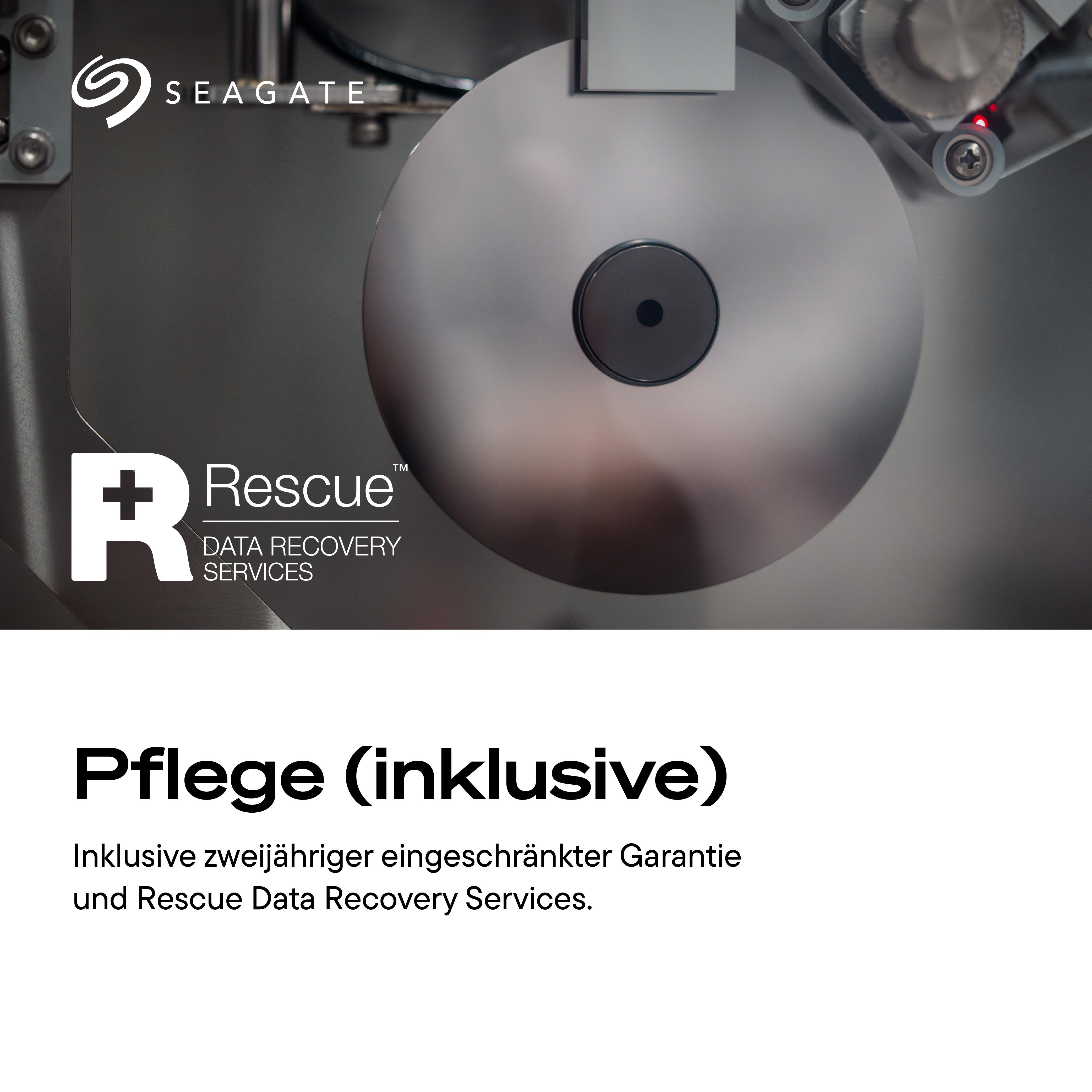 Seagate Rescue Datenrettungsdienste mit silberner Festplattenkomponente im Hintergrund.