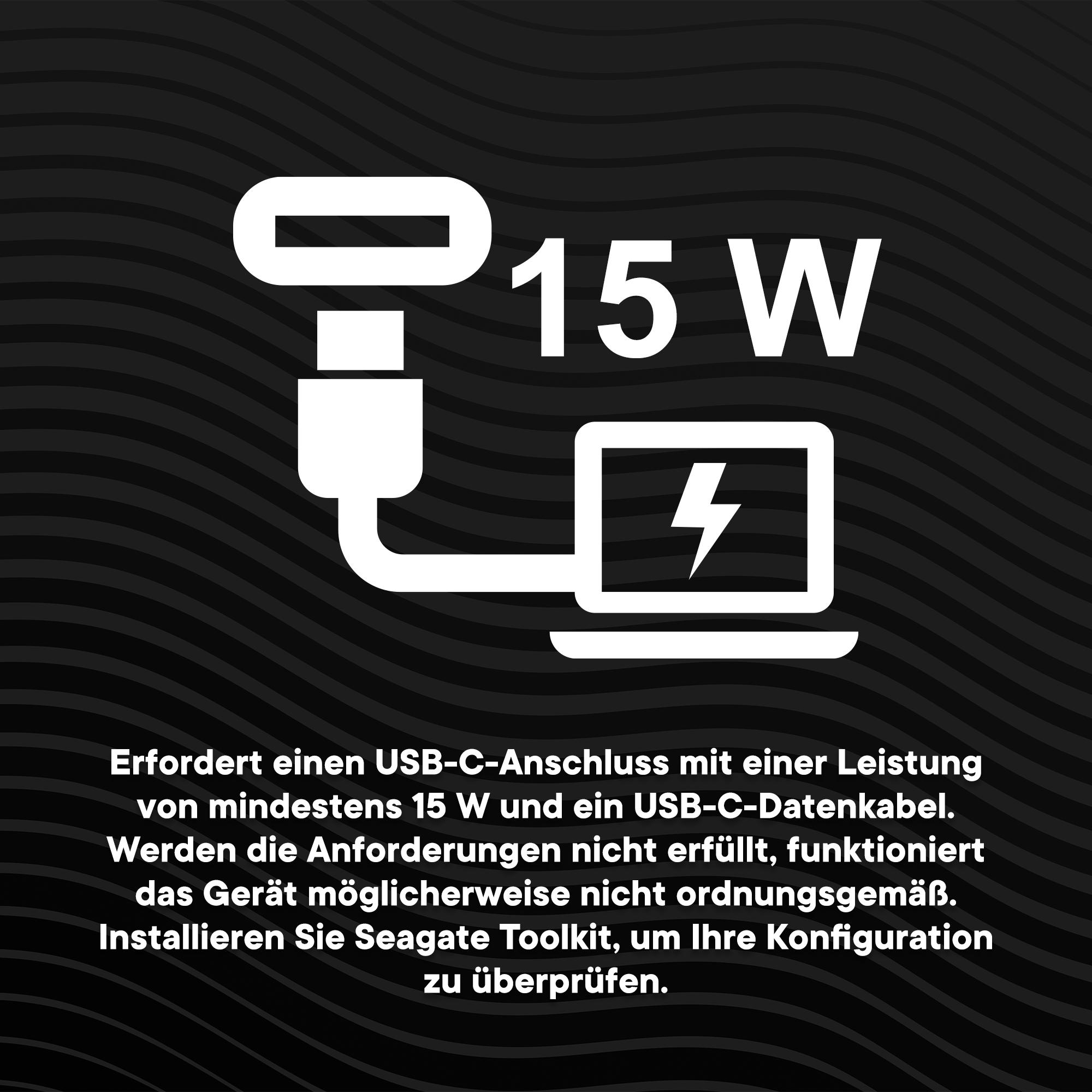Weiße Symbole eines USB-C-Kabels und Laptops mit 15W auf schwarzem Grund mit deutschem Text.