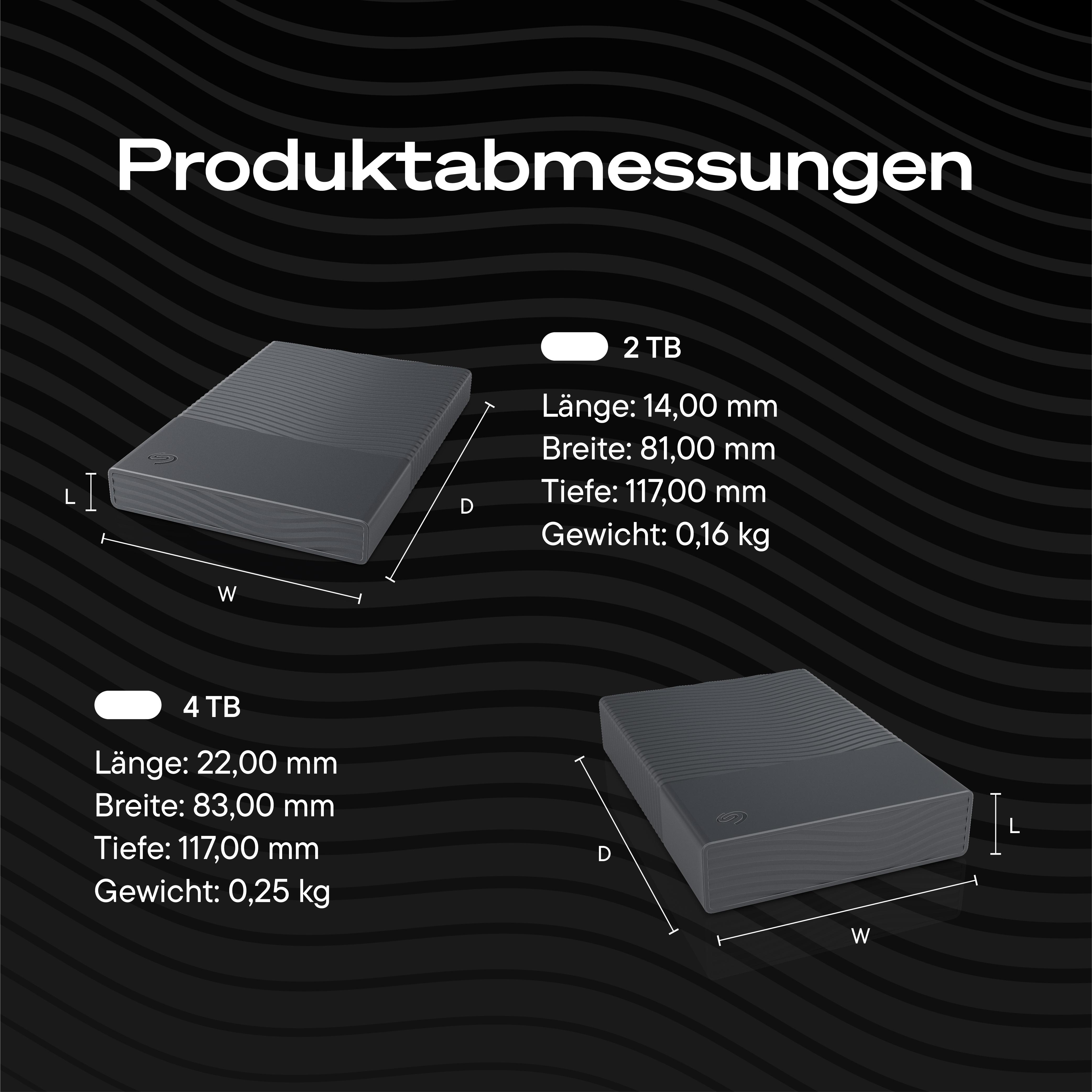Produktabmessungen für 2 TB und 4 TB Festplatten mit Maßen und Gewicht auf schwarzem Hintergrund.