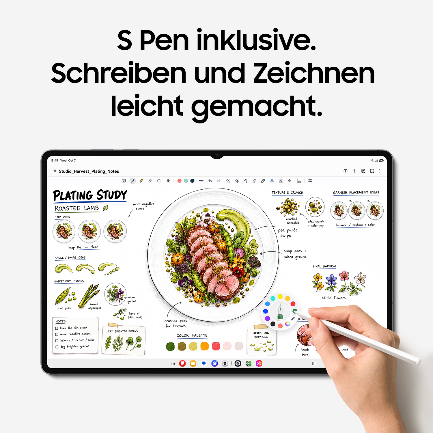 Ein Tablet zeigt handgezeichnete Notizen und Gerichte mit einem S Pen.