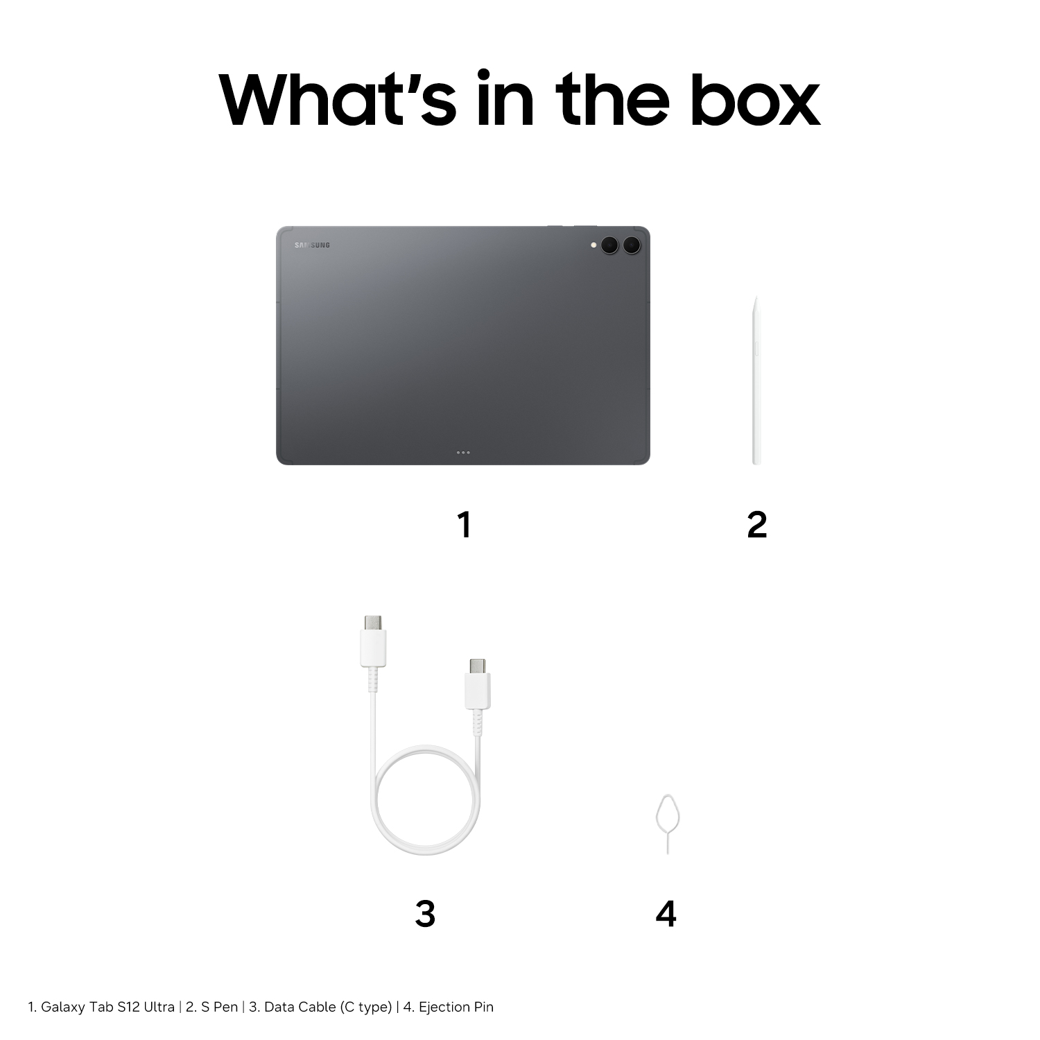 Was in der Schachtel ist: Galaxy Tab S12 Ultra, S Pen, USB-C-Kabel und Auswurfstift.