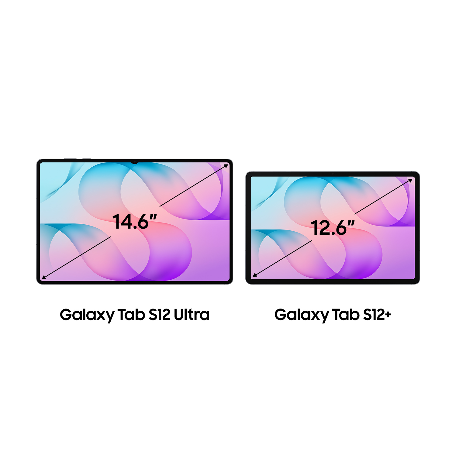 Galaxy Tab S12 Ultra (14.6 Zoll) und Galaxy Tab S12+ (12.6 Zoll) mit bunten Hintergründen.