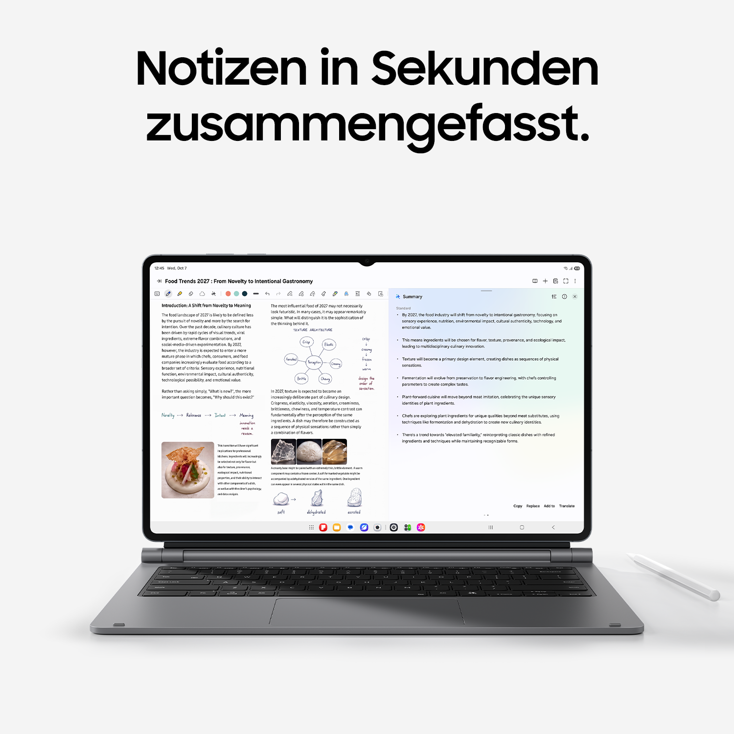 Ein Tablet mit Tastatur zeigt Notizen und eine automatische Zusammenfassung auf dem Bildschirm.