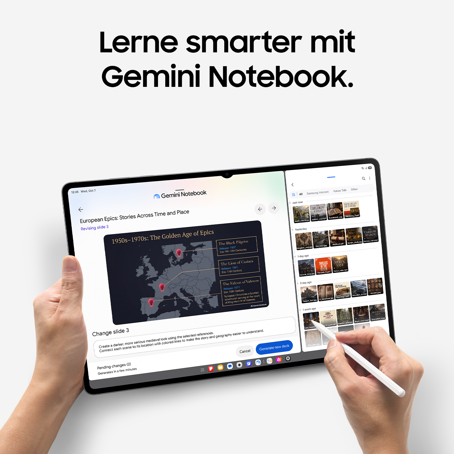 Ein Tablet zeigt die Gemini Notebook App, bedient mit Händen und einem Stylus.