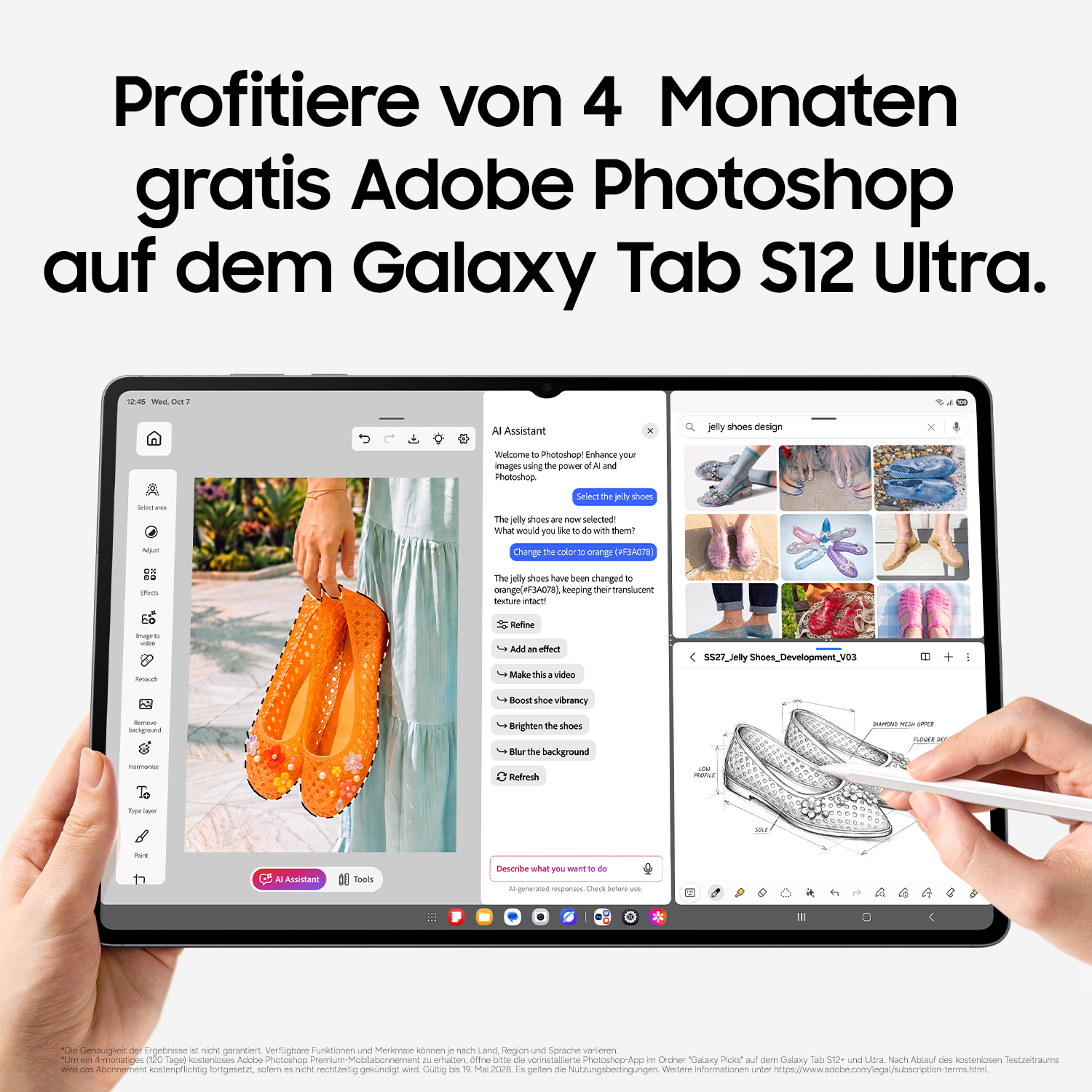 Ein Galaxy Tab S12 Ultra zeigt Adobe Photoshop-Funktionen mit KI-Werkzeugen und Bildbearbeitung.