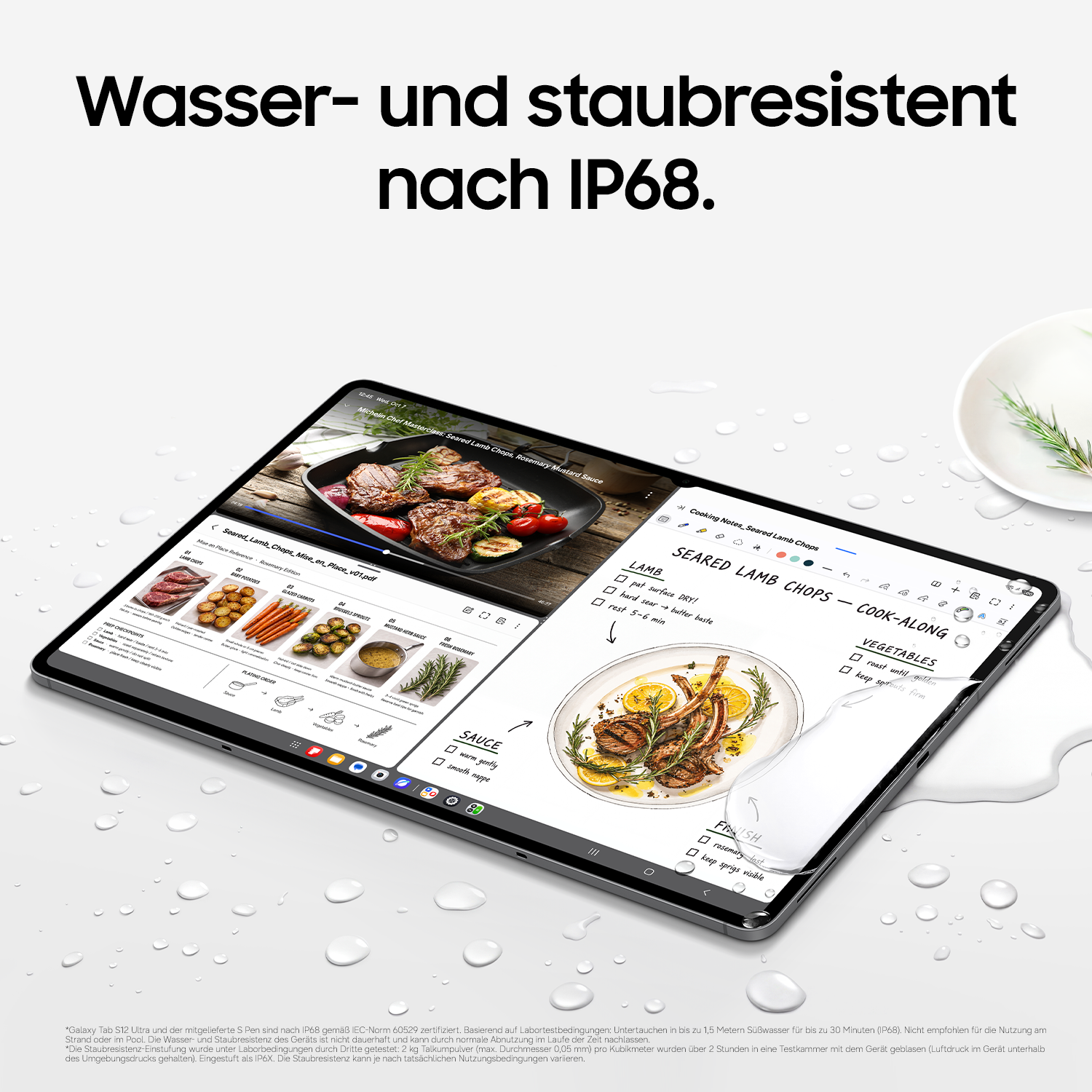 Ein Galaxy Tablet mit geteiltem Bildschirm liegt auf einer nassen Oberfläche mit Wassertropfen.