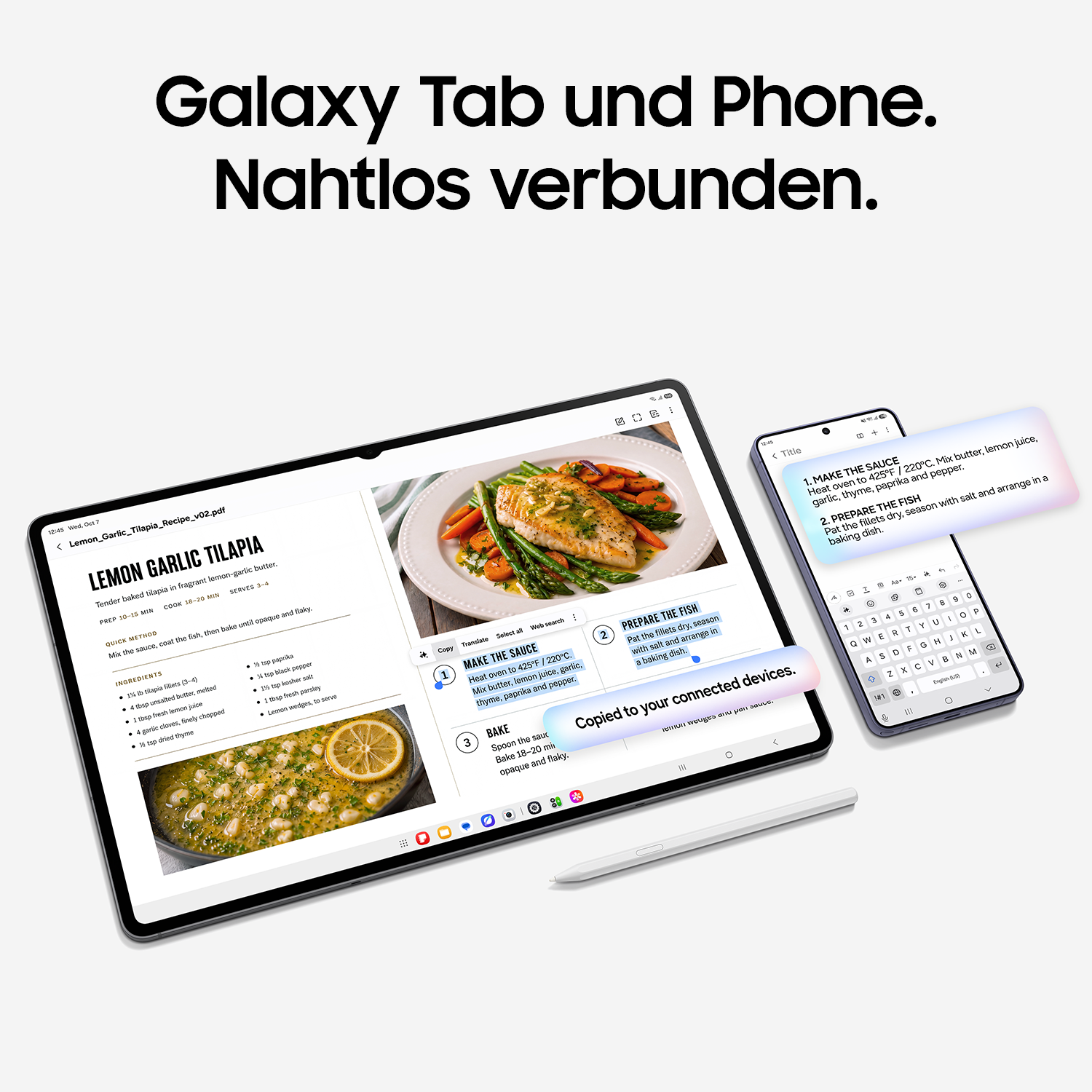 Ein Galaxy-Tablet und ein Smartphone zeigen nahtlos synchronisierte Kochrezepte und Textinhalte.