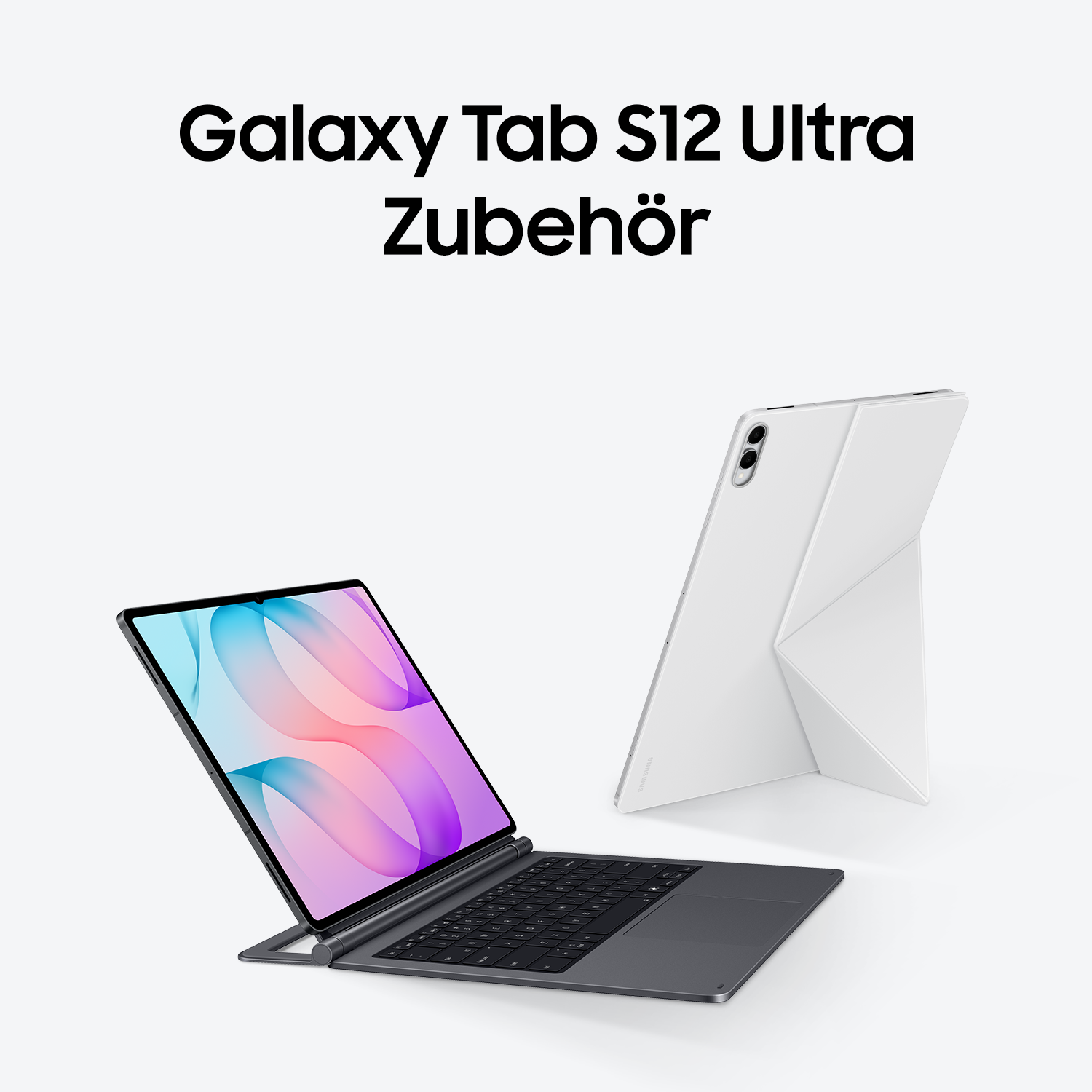 Galaxy Tab S12 Ultra Zubehör und zwei Tablets in Ständer- und Tastaturhülle.