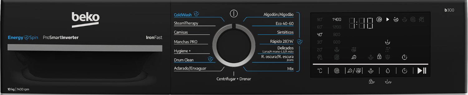 Panel de control de lavadora Beko negra con un selector central, iconos digitales y el logotipo de Beko.