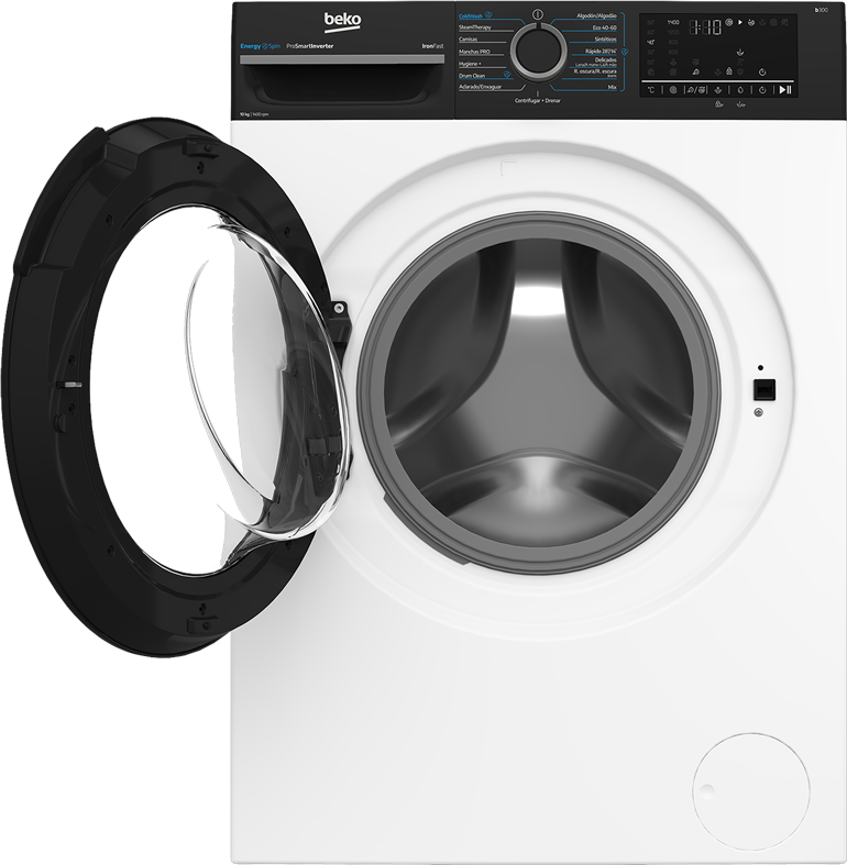 Una lavadora Beko blanca con puerta de cristal negra abierta y panel de control digital sobre fondo negro.