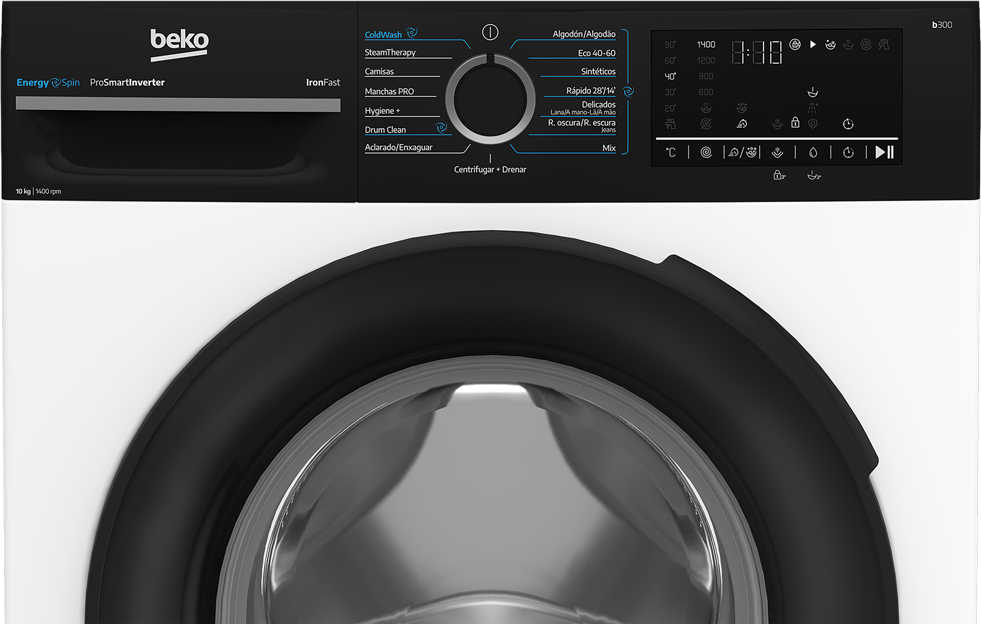 Lavadora Beko con panel de control negro, mando giratorio y pantalla digital.
