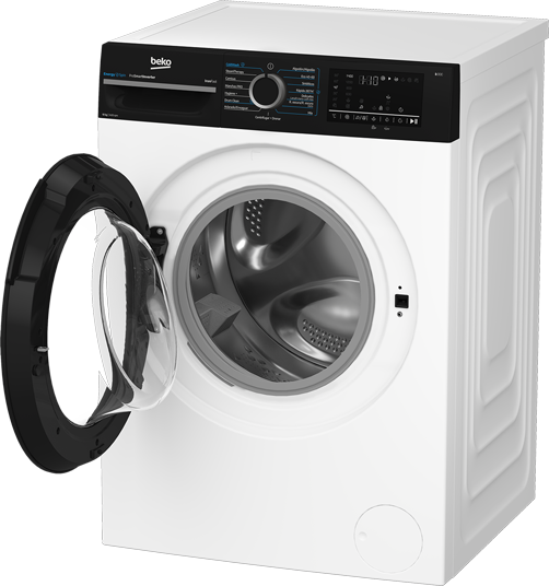 Una lavadora blanca Beko con panel de control negro y puerta de vidrio abierta sobre fondo negro.