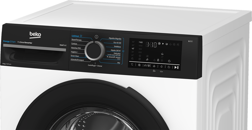 Primer plano del panel de control de una lavadora Beko con consola negra, selector giratorio y pantalla digital.