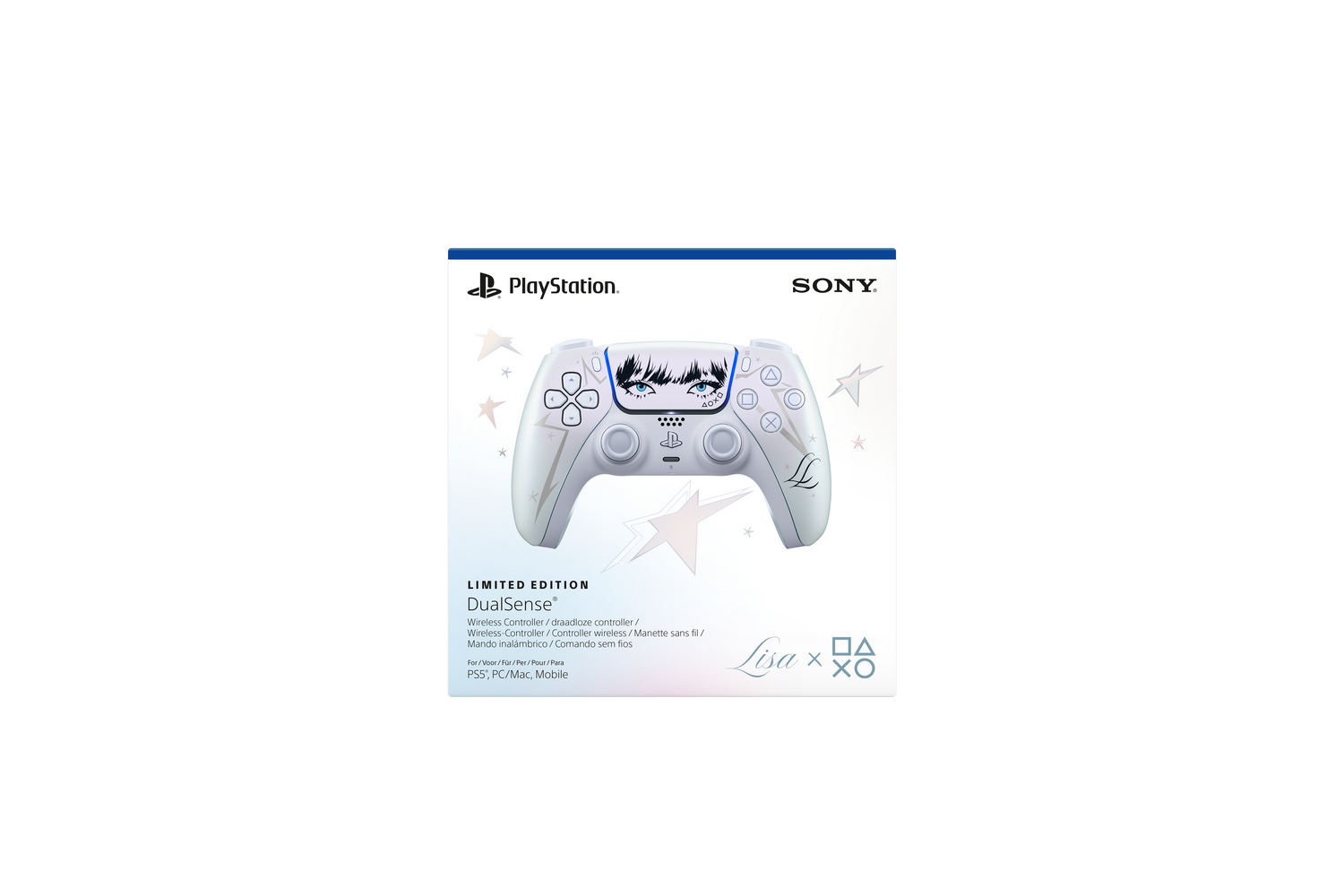 Caja de mando inalámbríco Lisa x PlayStation DualSense de edición limitada con arte gráfico y estrellas.