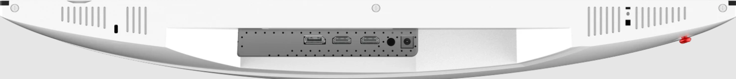 Unterseite eines weißen Monitors mit Lüftungsschlitzen und verschiedenen Anschlussports wie HDMI und USB.