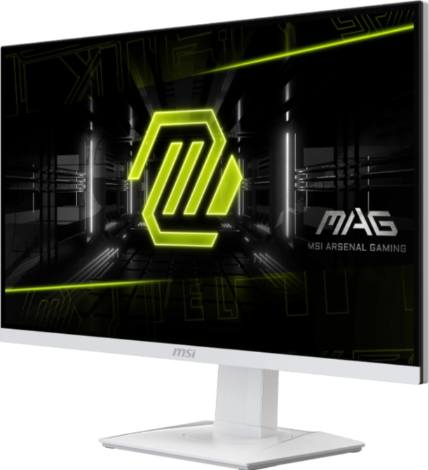 Ein weißer MSI-Gaming-Monitor zeigt einen gelben Leuchtlogo-Hintergrund auf dem Bildschirm.