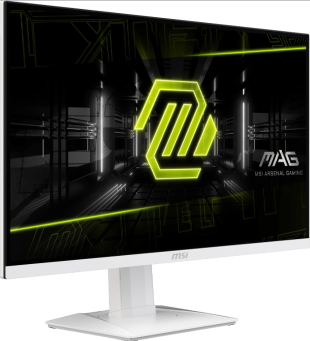 Ein weißer MSI Gaming-Monitor mit einem leuchtend gelben Logo auf dem Bildschirm vor einem dunklen Hintergrund.