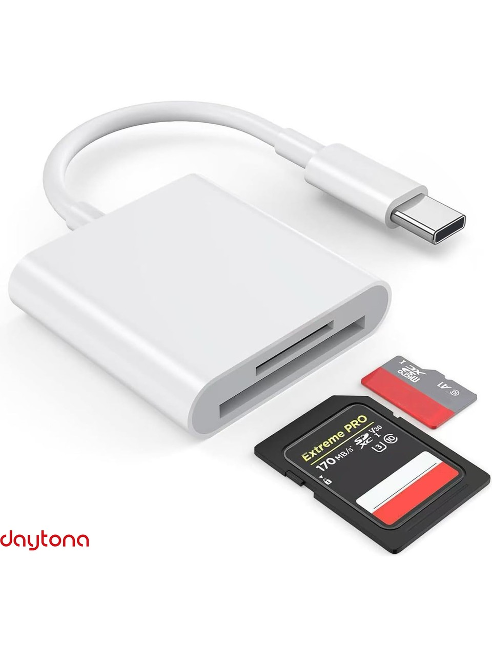 Açık renkli arka planda SD ve mikro SD kartlı beyaz USB-C kart okuyucu.