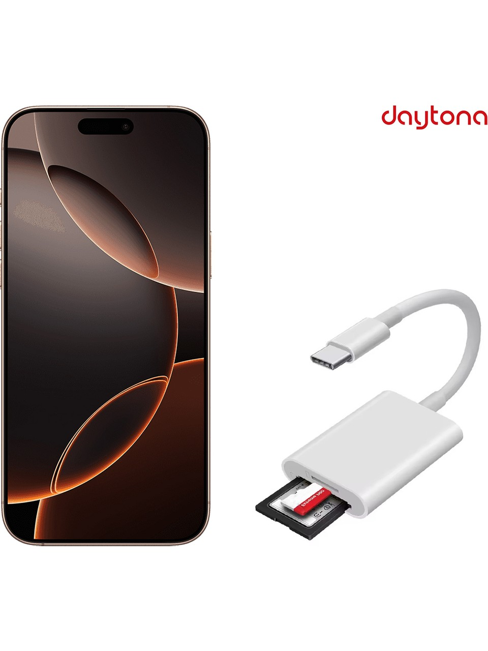 Beyaz arkaplanda bir akıllı telefon ve takılı SD kartlı beyaz bir USB-C kart okuyucu.