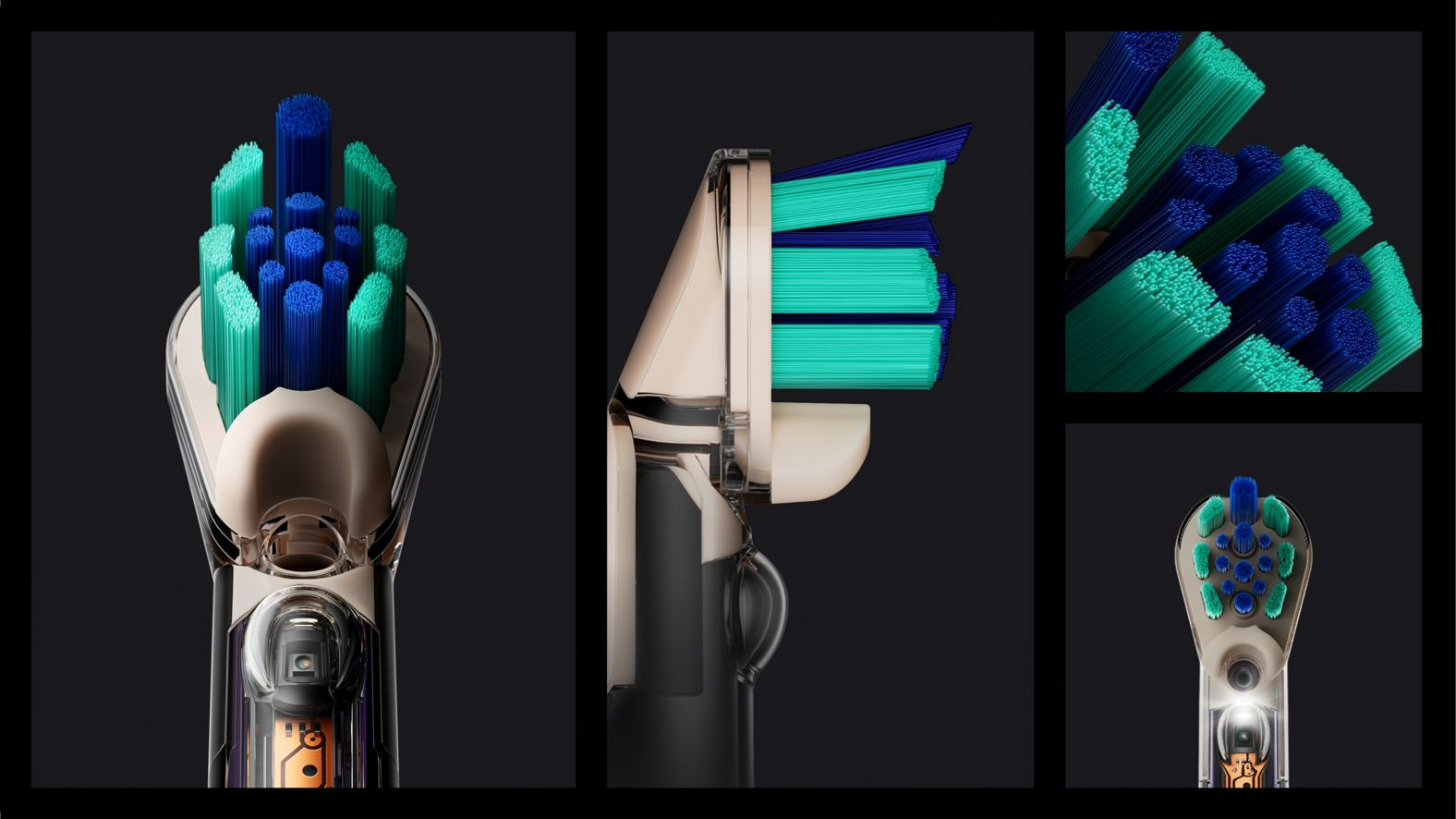 Différentes vues d'une tête de brosse à dents électrique avec des poils bleus et turquoise sur fond noir.