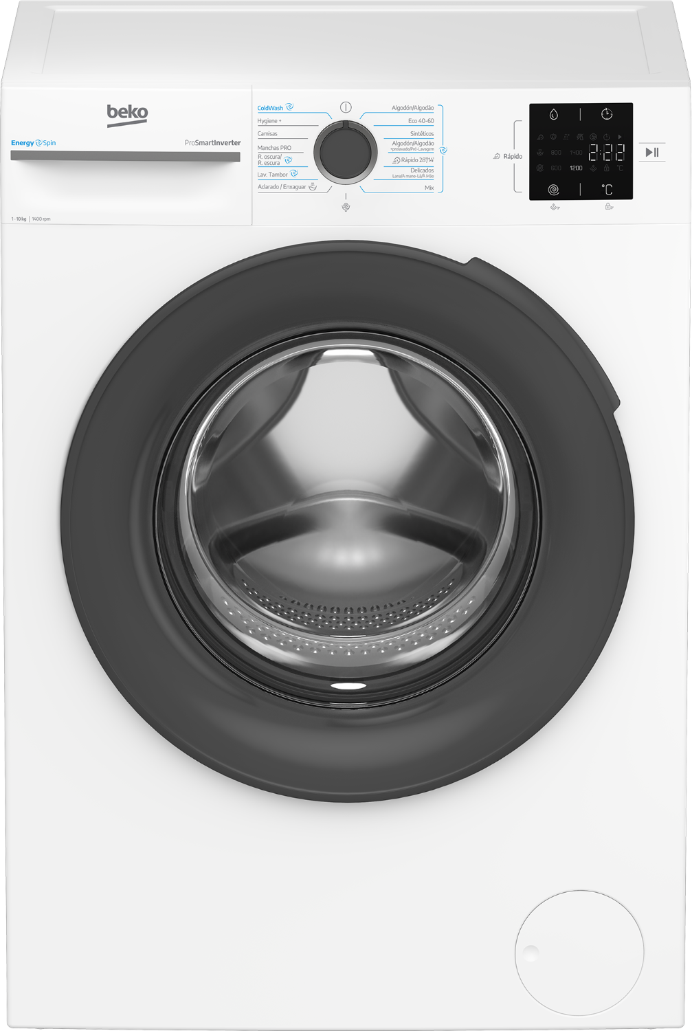 Una lavadora de carga frontal Beko blanca con ojo de buey negro y pantalla digital.