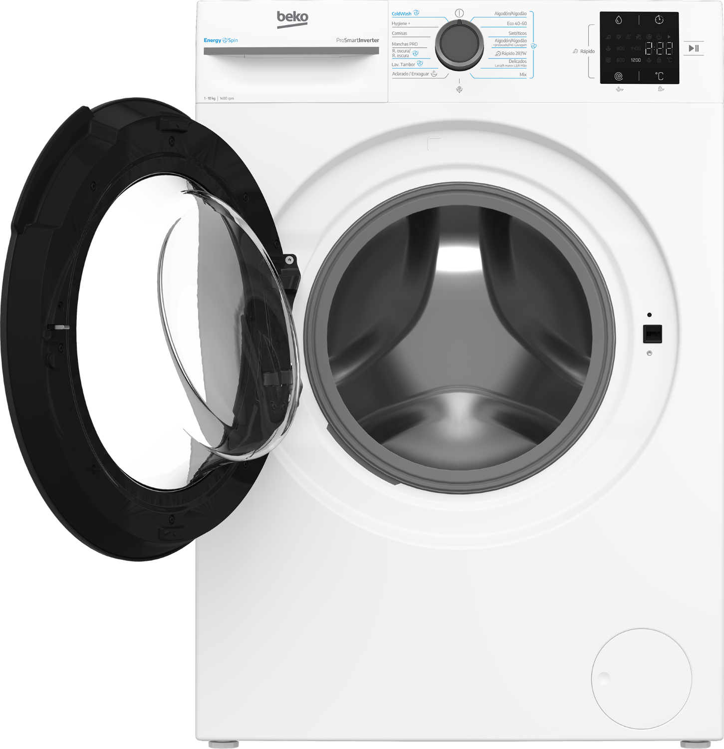 Una lavadora blanca Beko con puerta de vidrio negra abierta, selector giratorio y panel digital.