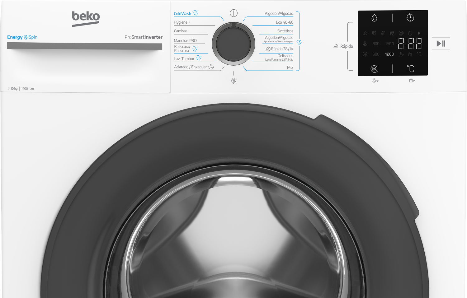 Primer plano del panel de control y tambor de una lavadora Beko blanca.